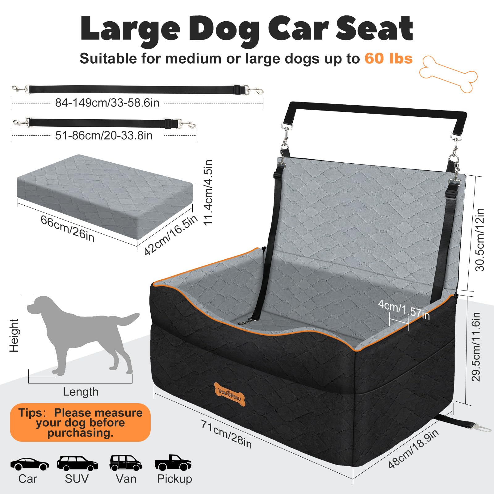 VavoPaw Car Seat for Large Medium Dog, Dog Booster Seats Under 60Lbs or 2 Small Dogs Washable, Pet Car Seats with 2 Safety Leash
