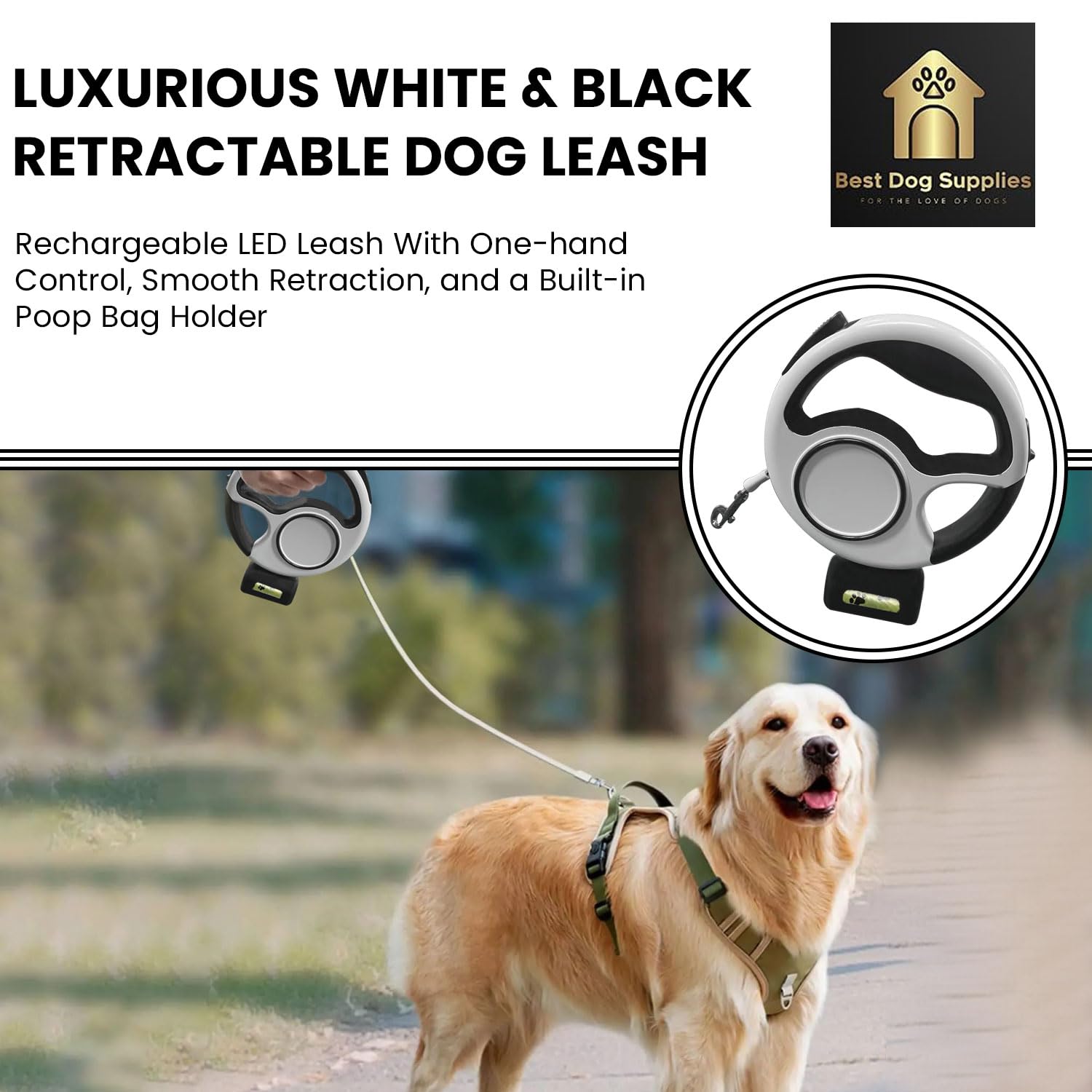 Best Dog Supplies Luxurious White&Black Led-Retractable Dog Leash 10Ft/3M - Rechargeable Pet Leash With Led Flashlight One-Hande