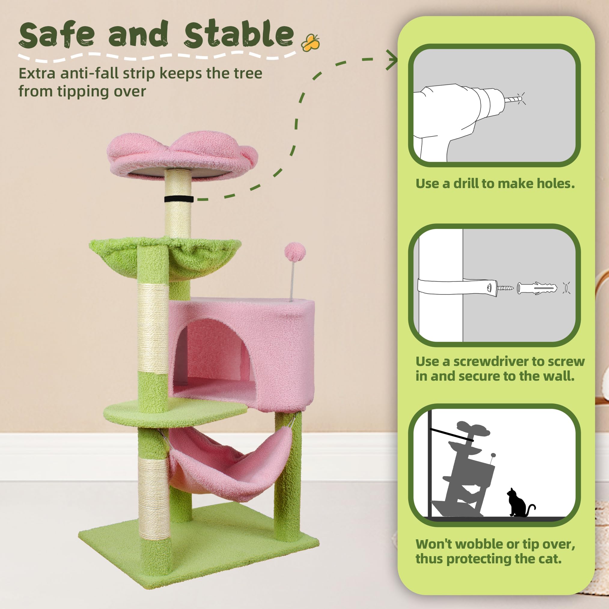 Fantasreen Cat Tree 43'' Cute Cat Tower Flower Cat Trees For Indoor Cat Condo With Hanging Toys Pink Large Top Perch For Kittens