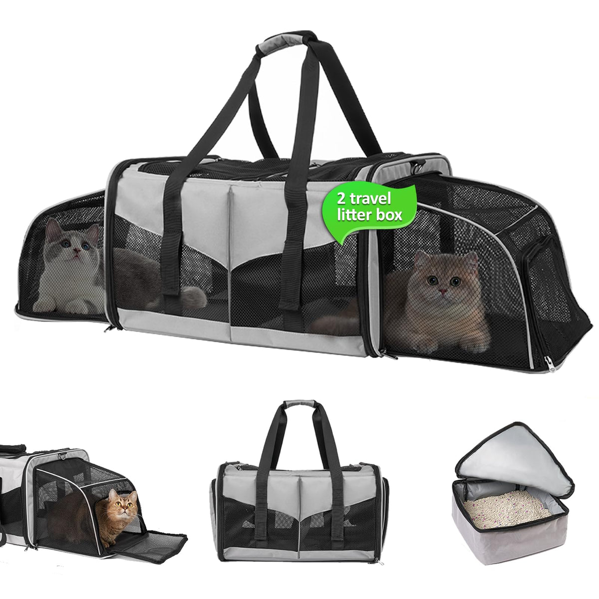 Cat Carrier With Litter Box - Inrlkit Cat Carrier For 2 Cats, Portable 2-In-1 Double Cat Travel Carrier Bag For Traveling, Expan