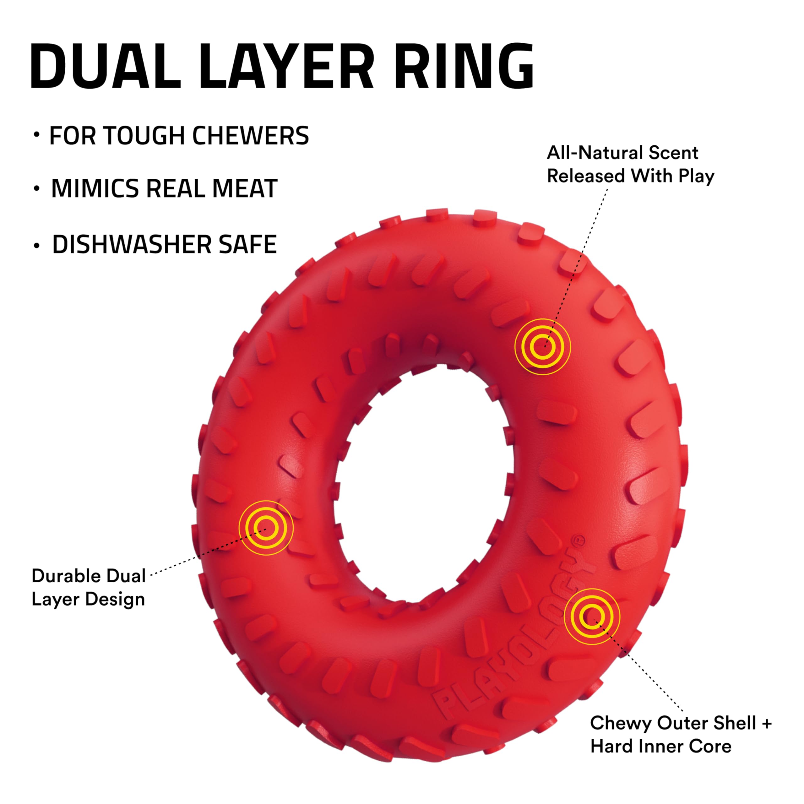 Playology Dual Layer Ring Toy for Medium Dogs up to 50lbs | Engaging All-Natural Beef Scented Durable Dog Chew Toy for Power Che