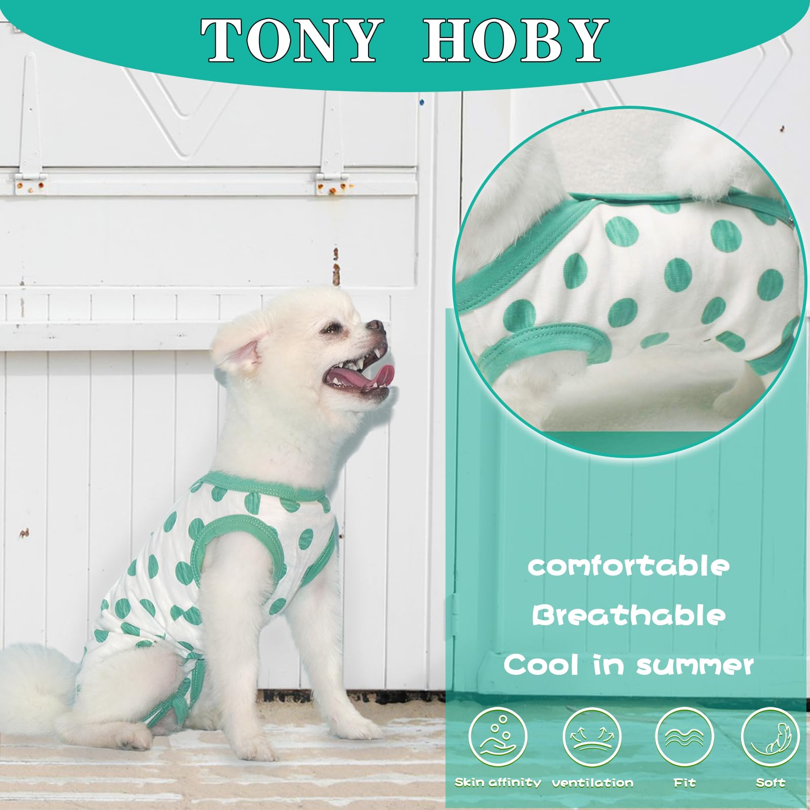 Tony Hoby Summer Dog Jumpsuit, Soft Breathable Dog Pajamas With Polka Dots (Dark Green, L)