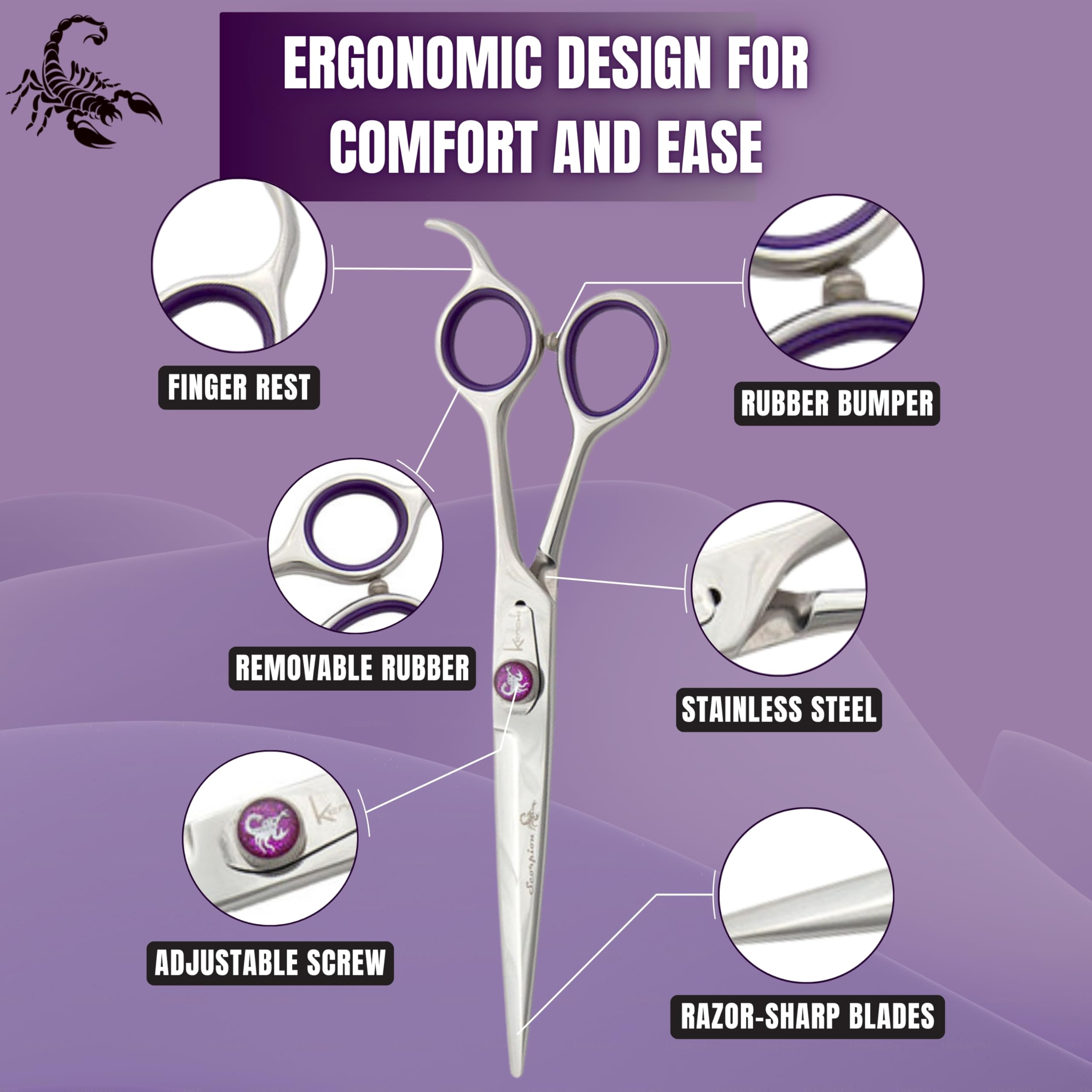 Kenchii Scorpion Dog Grooming Scissors, 7 Inch Straight Shears, Dog Scissors For Grooming, Professional Pet Grooming Scissors, Heavy Duty, Durable And Sharp