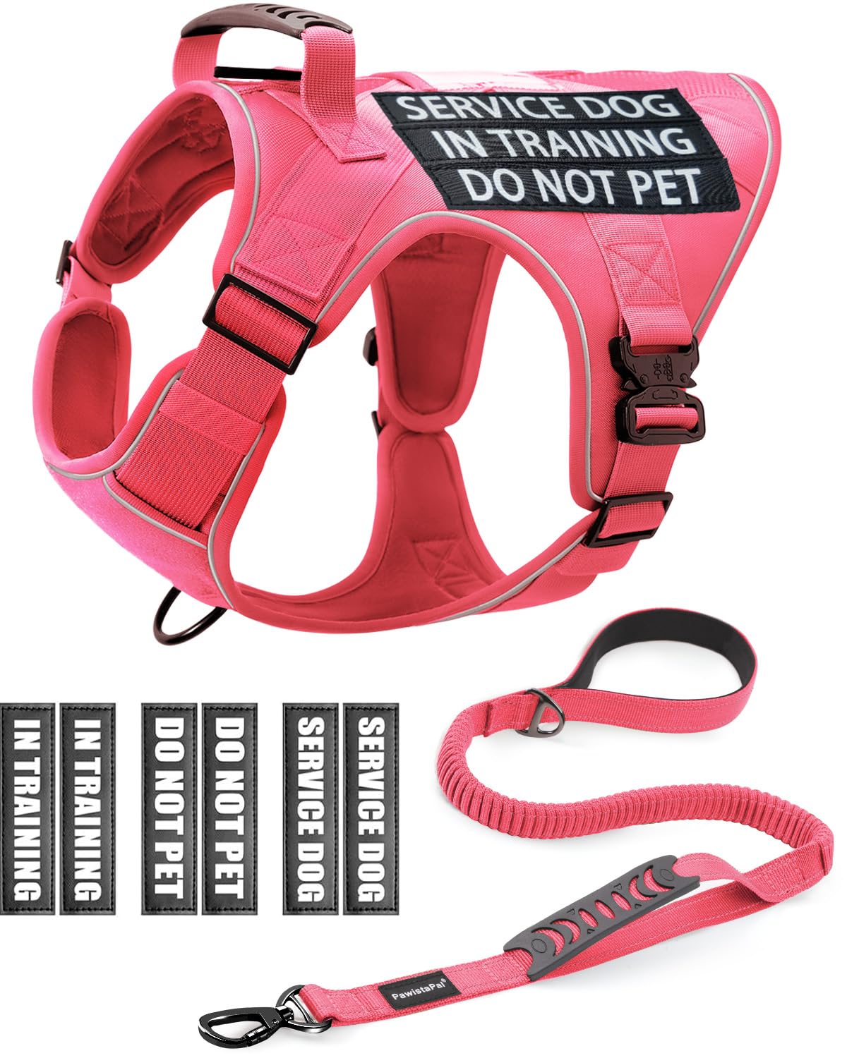 Reflective Pink Service Dog In Training Vest Harness Leash Set For Medium Dogs, Adjustable Heavy Duty Padded Dog Harness, With F