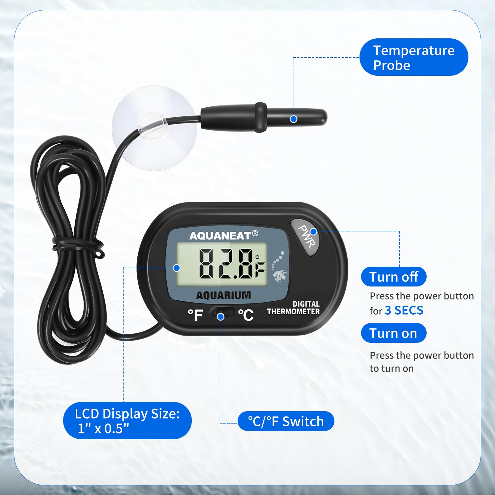 Aquaneat 2 Pack Aquarium Thermometer, Fish Tank Thermometer, Digital Thermometer, Reptile Thermometer, Terrarium Water Temperature Test, With Large Lcd Display