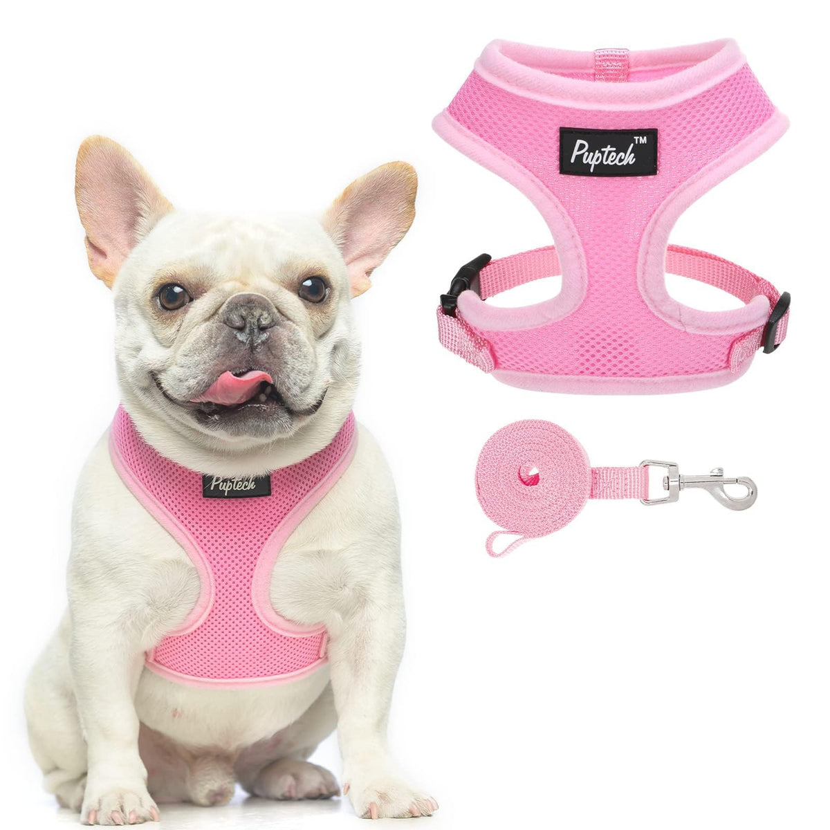 Pupteck Soft Mesh Dog Harness And Leash Set Pet Puppy Cat Comfort Padded Vest No Pull Harnesses, Solid Pink, M