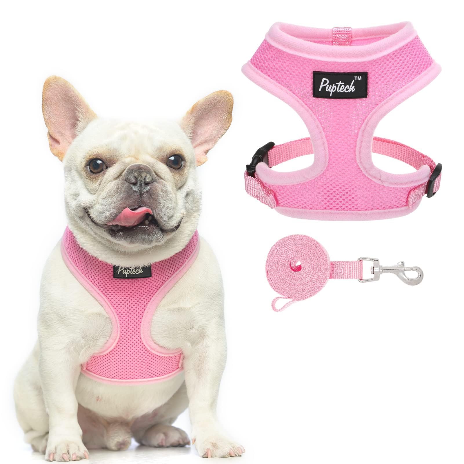 Pupteck Soft Mesh Dog Harness And Leash Set Pet Puppy Cat Comfort Padded Vest No Pull Harnesses, Solid Pink, S