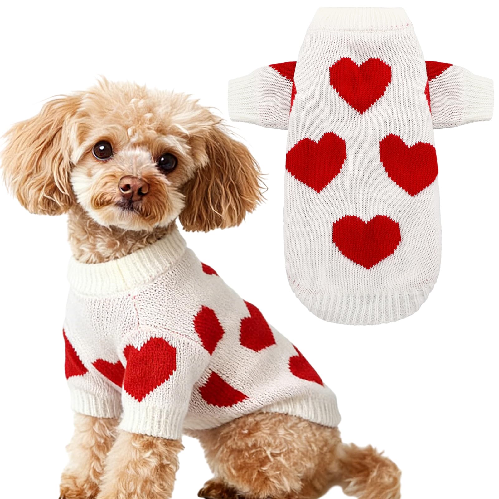 Hillban Valentines Dog Costume Pet Knitted Heart Sweater Small Puppy Clothes Warm Soft Outfits for Small Dogs and Cats(Chest 15.