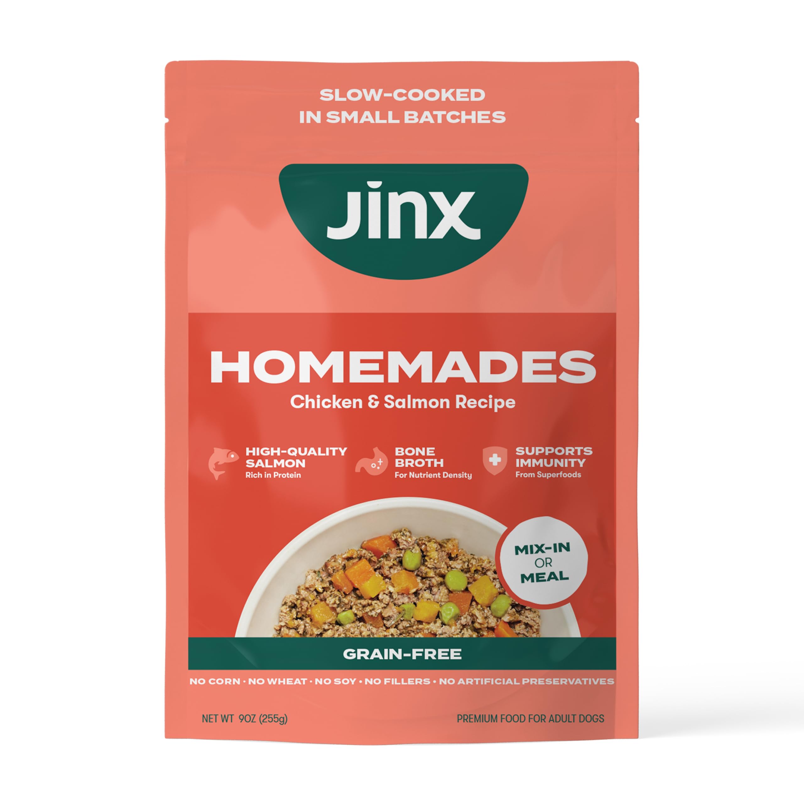Jinx Wet Dog Food Topper, Mix with Dry Dog Food, Made with Real Salmon & Chicken, Bone Broth, No Fillers, for All Lifestages, 9o