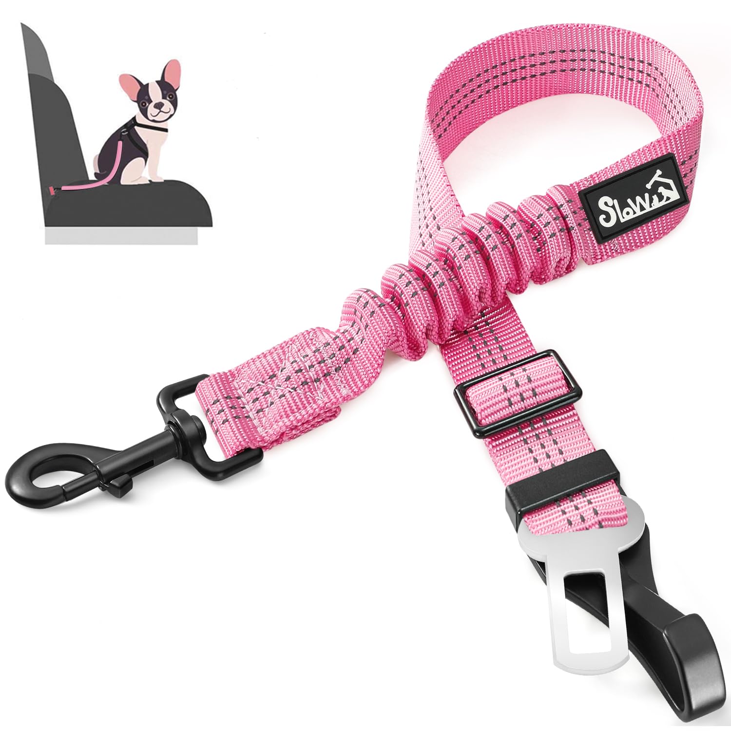Slowton Dog Seat Belt, Adjustable Dog Safety Belt Leash, 2 In 1 Latch Bar Attachment Dog Car Seatbelt With Elastic Nylon Bungee 