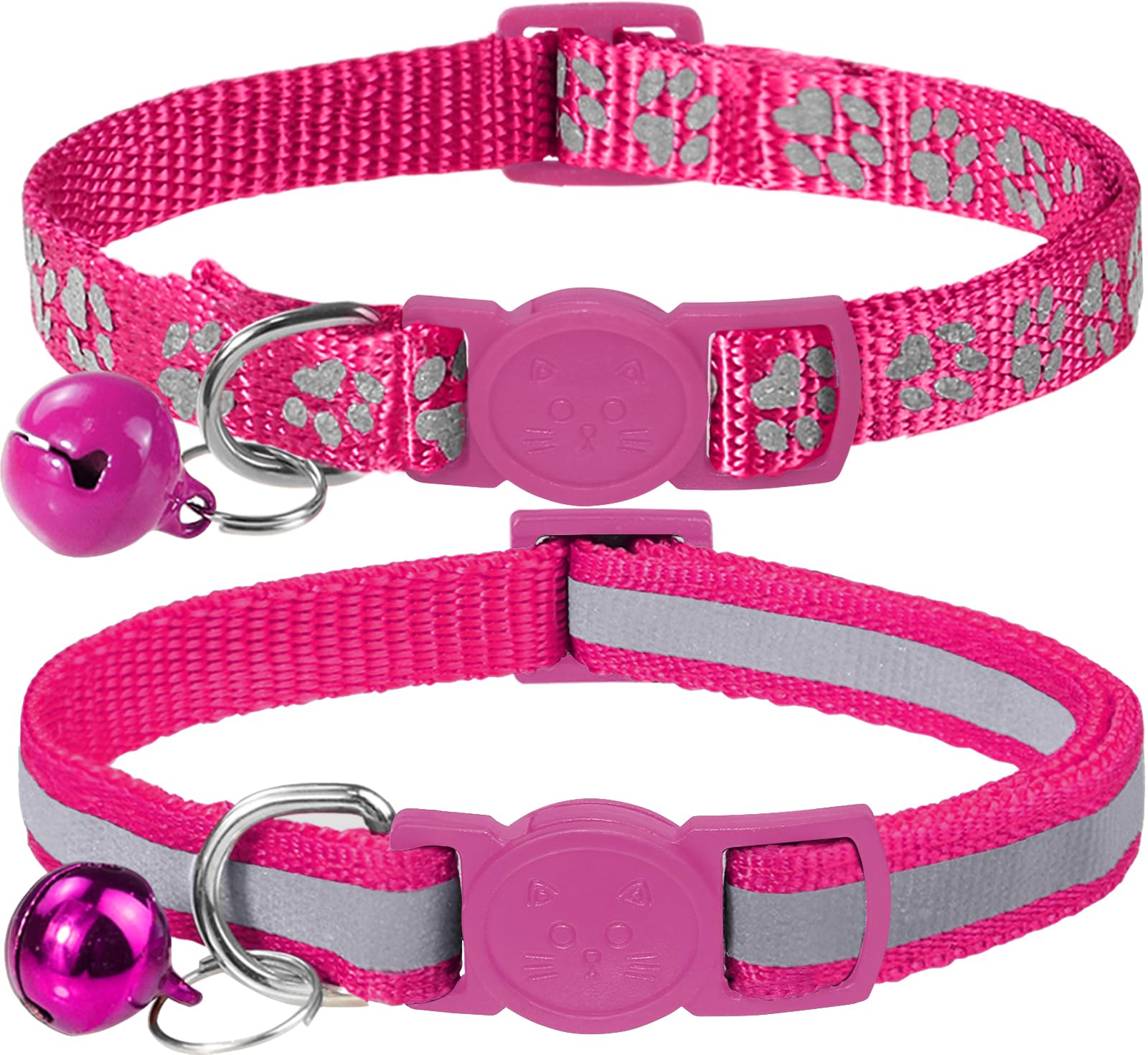 Taglory Reflective Cat Collar Breakaway With Bells, 2 Pack Girl Boy Pet Cat Collar Adjustable 7.5-12.5 Inch, Hotpink