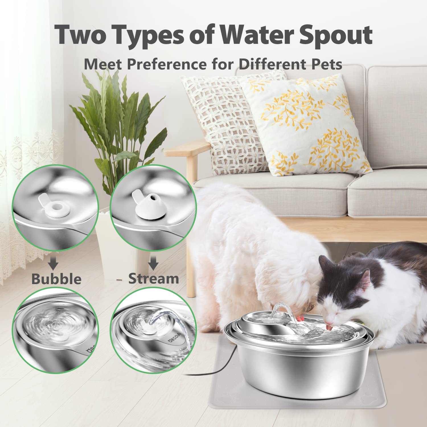 ORSDA Stainless Steel Cat Water Fountain 3L, Automatic Pet Fountain with Silicone Mat, Filter x 6, Model D60