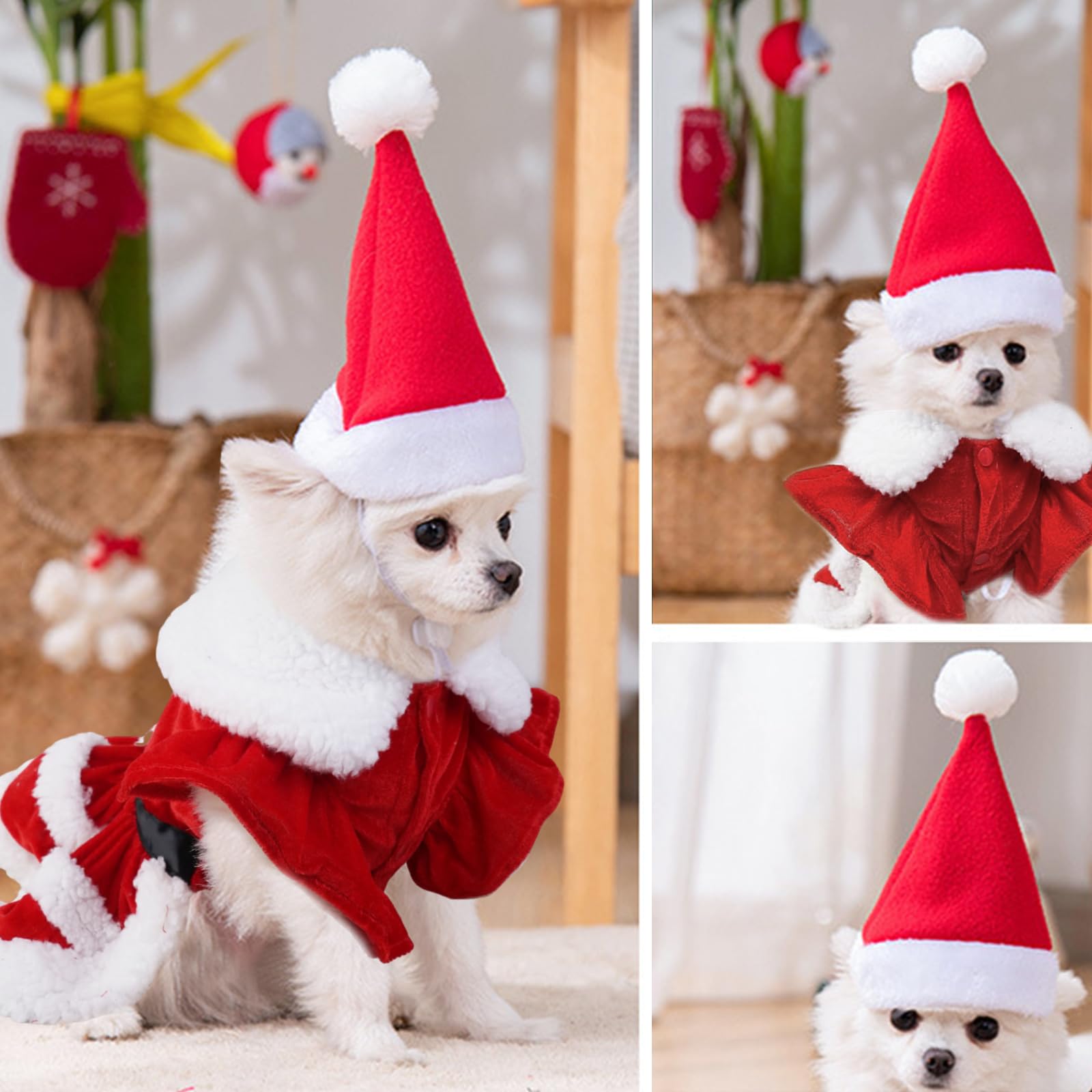 Dog Christmas Dress Puppy Outfit Shoulder Sleeve Clothes With 1 Hat Accessory Cute Red Santa Holiday Polar Fleece Edge Soft Ther