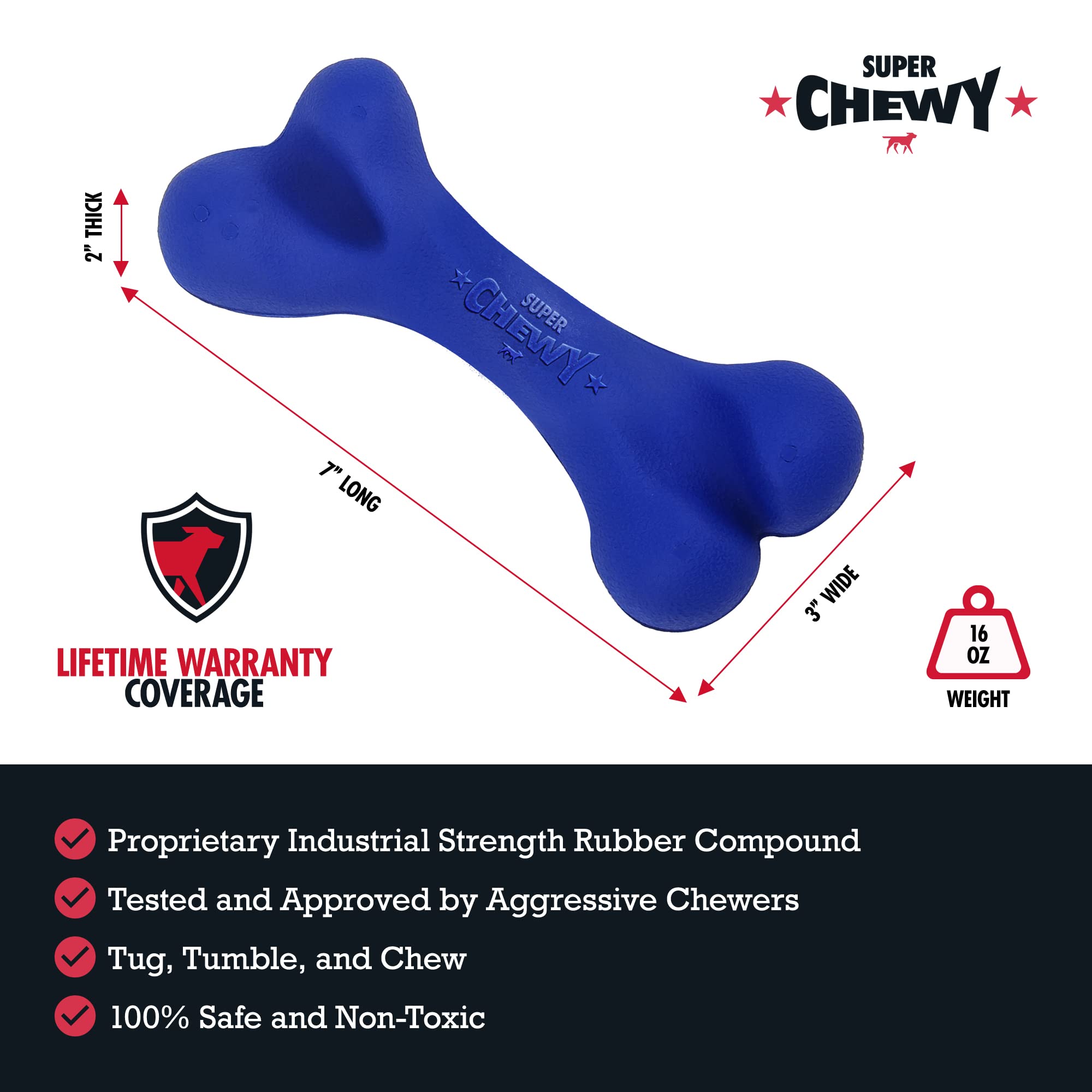 Tuff Pupper SuperChewy Tough Dog Bone Toy | Lifetime Replacement | Strong Natural Rubber | Great Dog Fetch Toy | Chew Toys for D