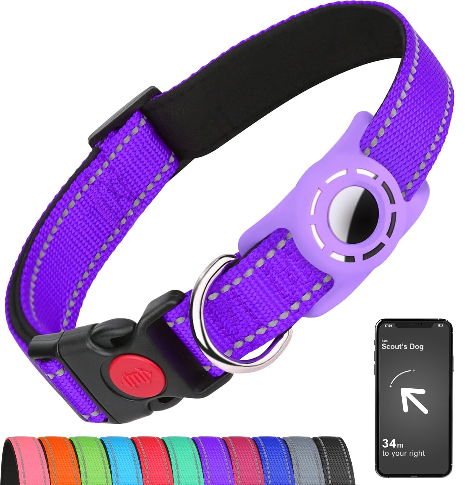 Erbine Airtag Dog Collar For Small Dogs, Reflective Dog Collars With Airtag Holder, Soft Padded & Safety Locking Buckle, Nylon Pet Collar Adjustable For All Breeds, Purple