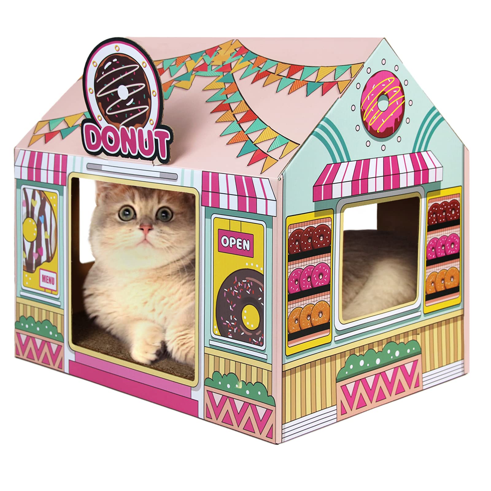 Sekam Cardboard Cat House With Scratcher/Catnip (16.5' X 12' X 15'), Donut Shop For Indoor/Outdoor, Cat Scratch Box & Home De