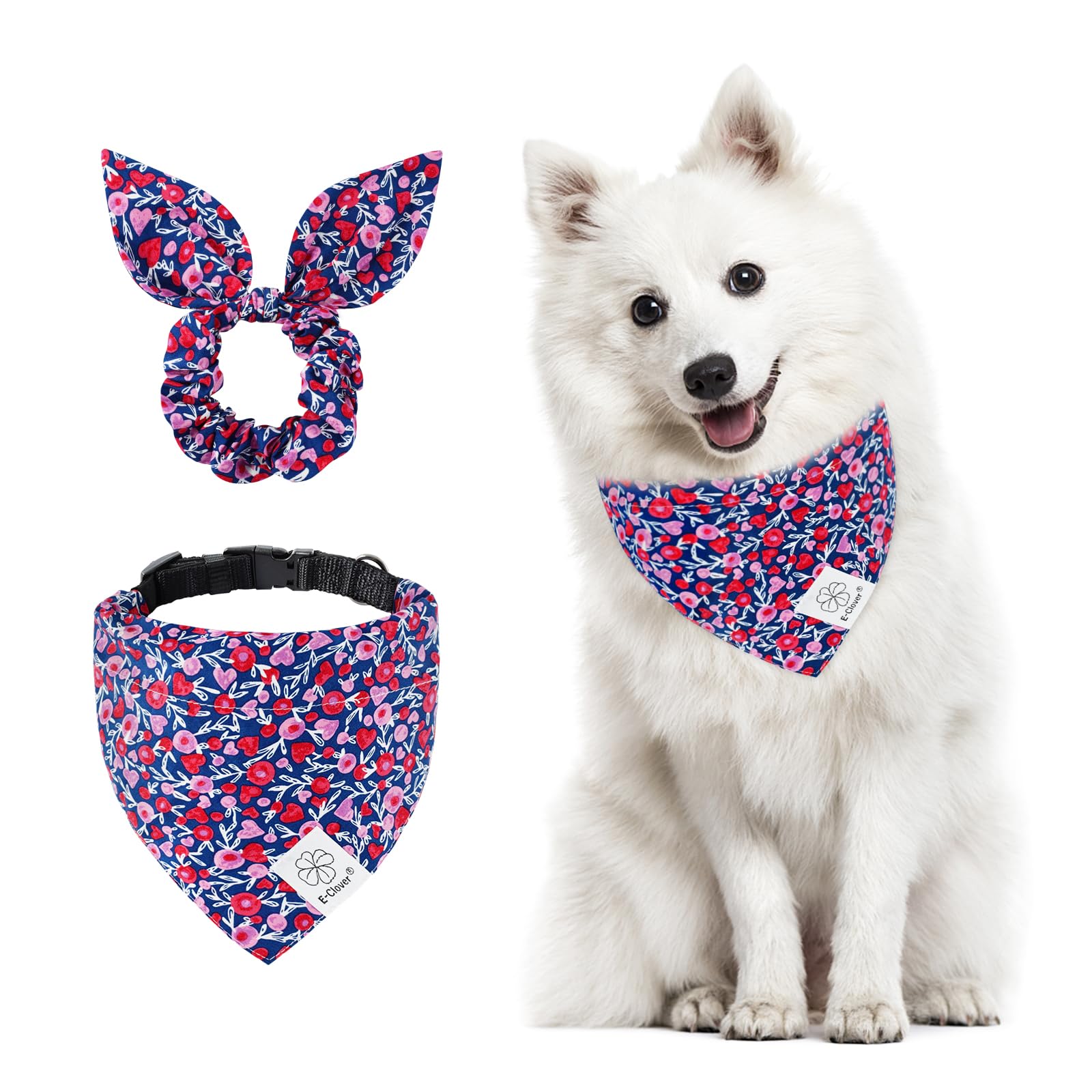 E-Clover Valentines Day Dog Collar Bandana Girl & Matching Scrunchie Set Heart Dog Collars Pet Accessories Adjustable For Small 
