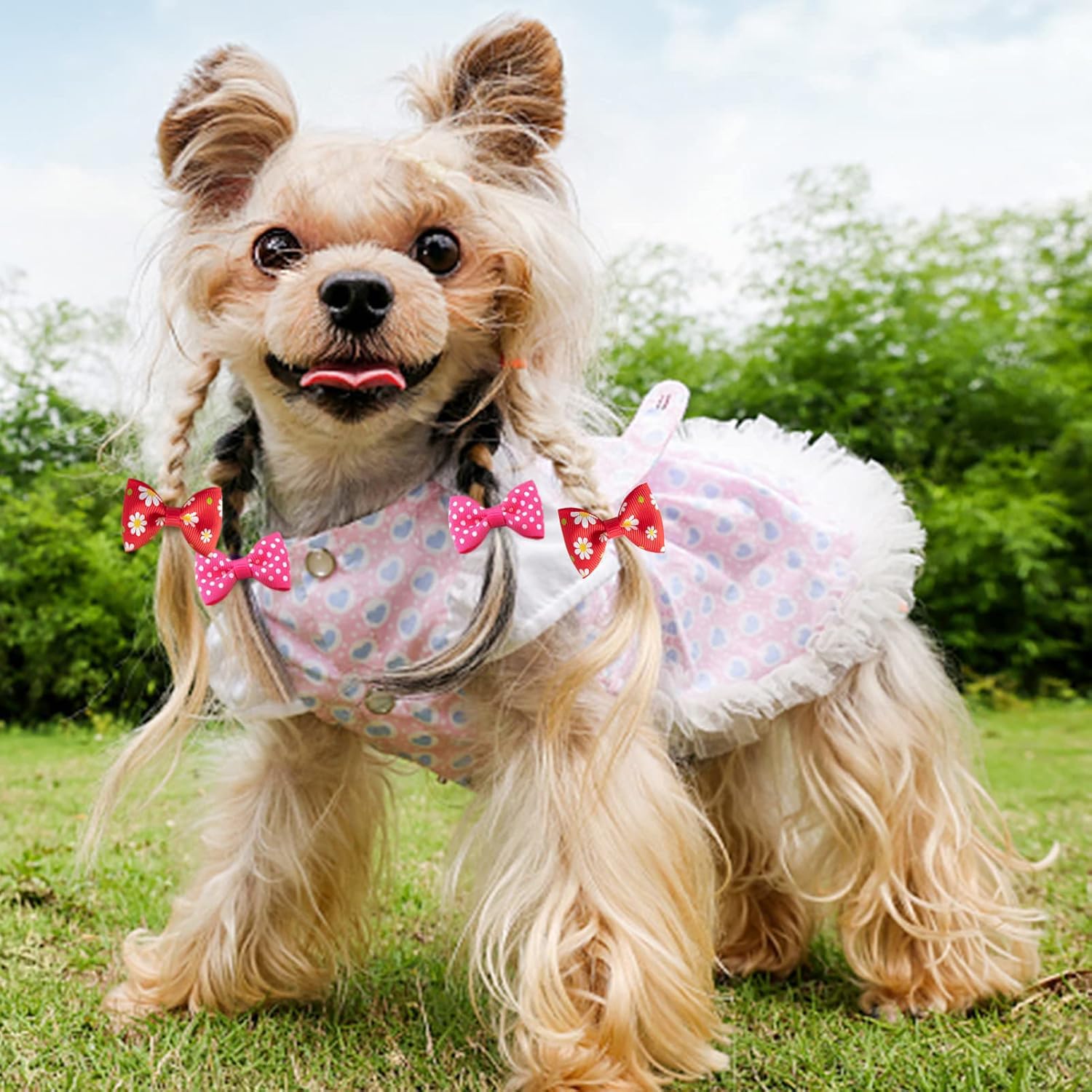 Clipband Puppy Dog Hair Bows, 60 Pieces Small Bowknot Hair Bows With Rubber Bands Handmade Hair Accessories Bow Pet Grooming Pro