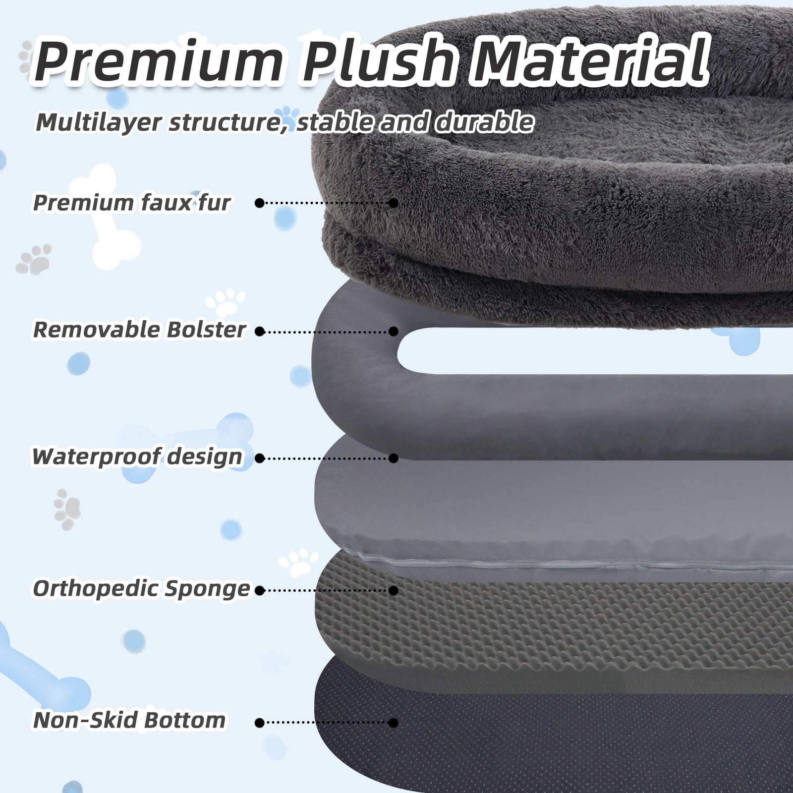 Human Dog Bed, 71''X45''X12'' Size Fits You And Pets, Washable Faux Fur Orthopedic Bed, Plump Pillow, Blanket, Strap - Dark Grey