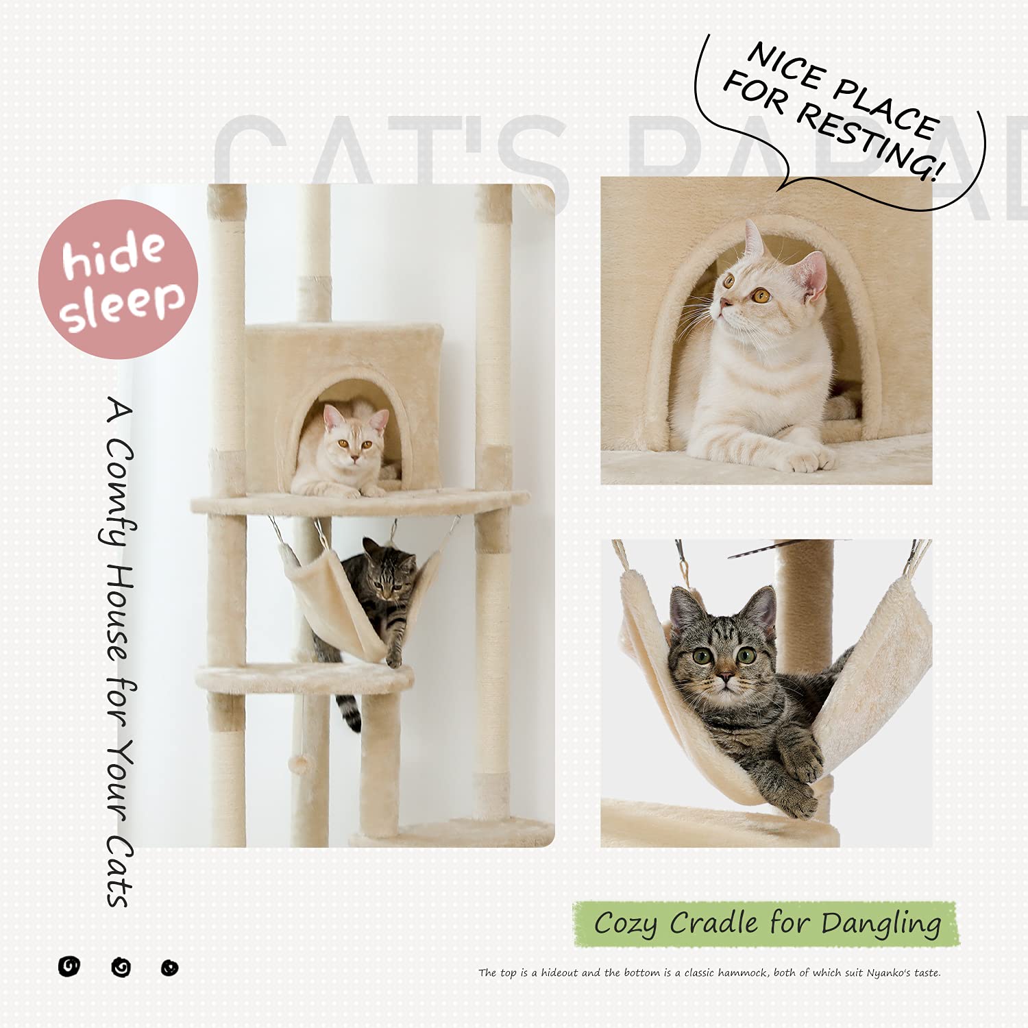 Pequlti Floor To Ceiling Cat Tree 93.3-100.8 Height Adjustable Wooden Cat Tower Tall Climbing Play House With Scratching Posts,