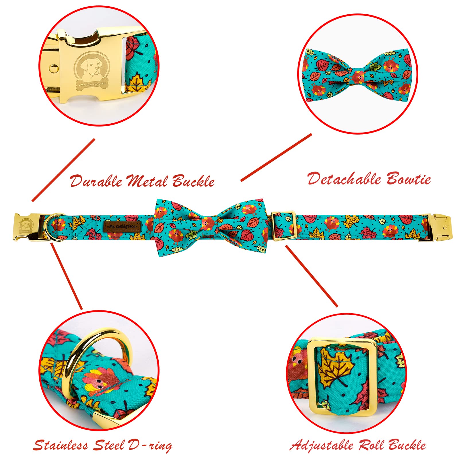 Mr. Chubbyface Thanksgiving Dog Collar - Fall Maple & Turkey Design With Adjustable Bowtie For Small, Medium & Large Dogs