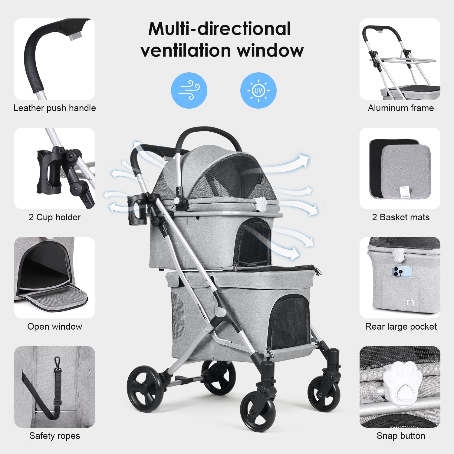 Beberoad Pets T1 Double Pet Stroller For 2 Small Dogs Or Cats Lightweight Foldable Double Cat Stroller With Detachable Carrier (