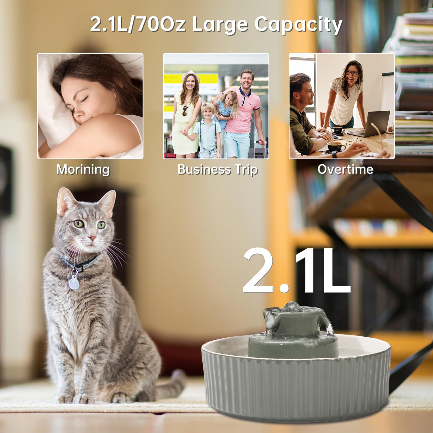 Ceramic Cat Water Fountain, 2.1L/70Oz Ceramic Pet Water Fountain Automatic Cat Drinking Fountains Pet Water Bowl, Porcelain Cat