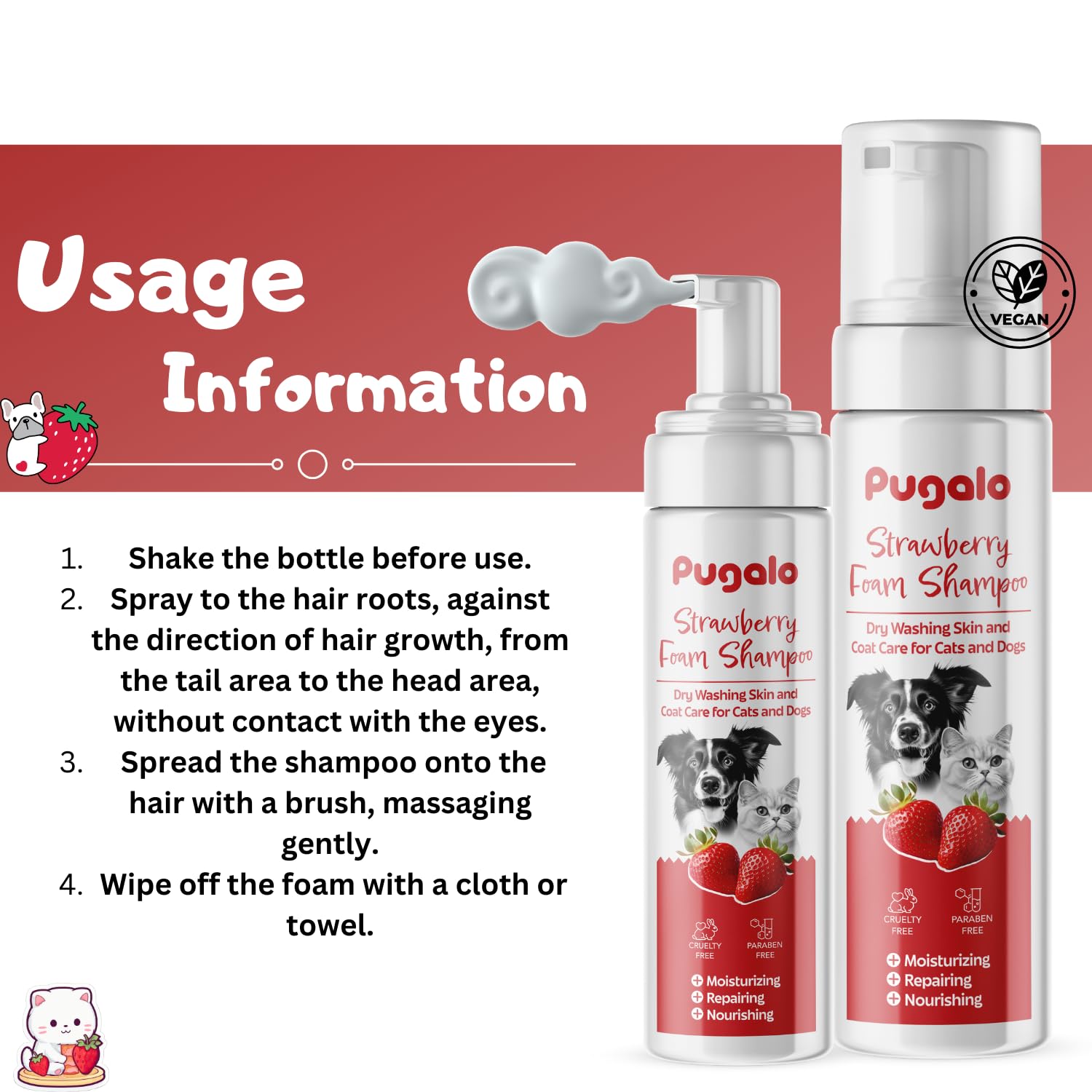 Waterless Cat & Dog Shampoo - 200Ml (6.76Oz) Strawberry Scented Dry Foam Cleanser & Conditioner - No-Rinse Deshedding Shampoo Fo