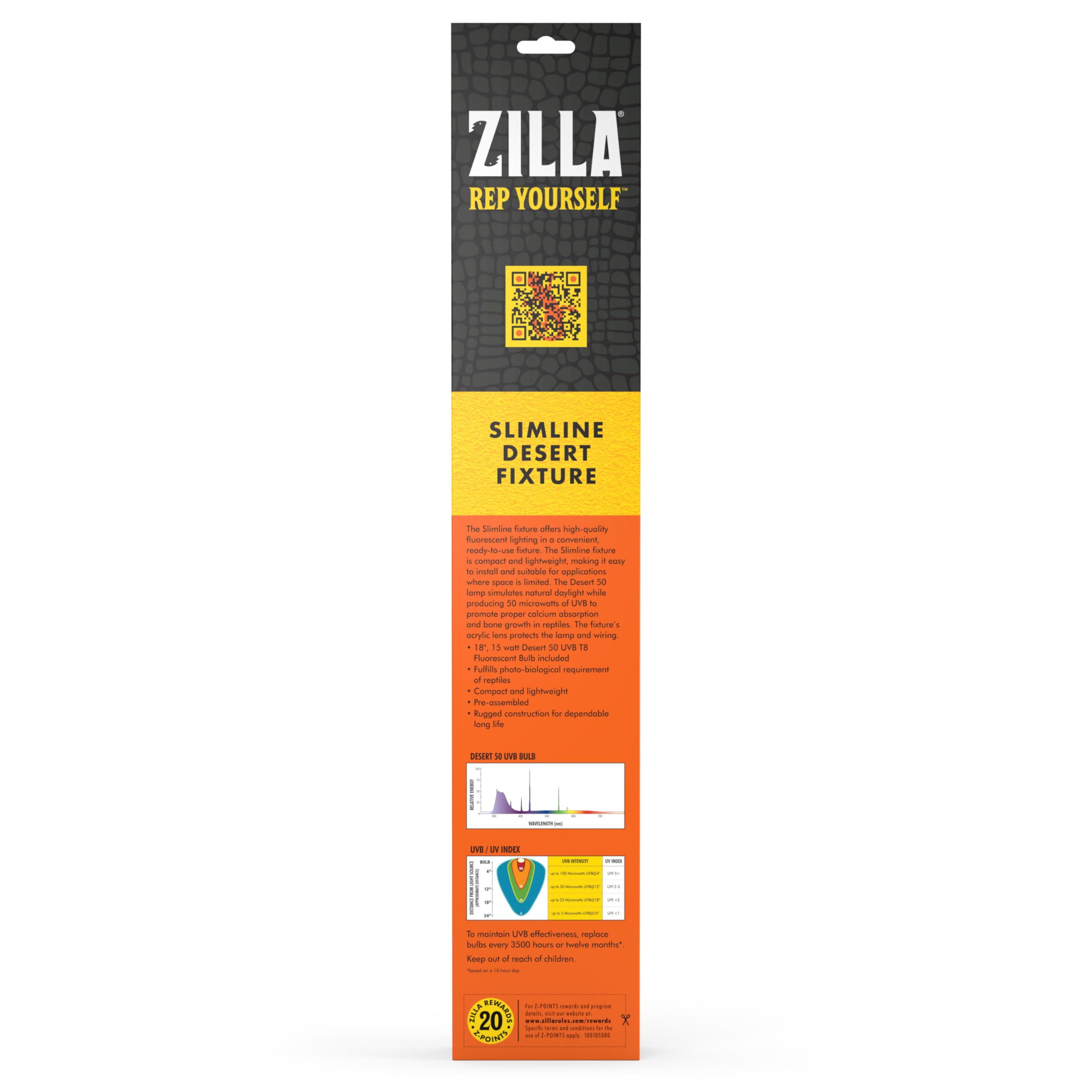 Zilla Reptile T8 Slimline Desert Pet Habitat Light Fixture with 15 Watt Fluorescent Bulb, 18 Inches,Black