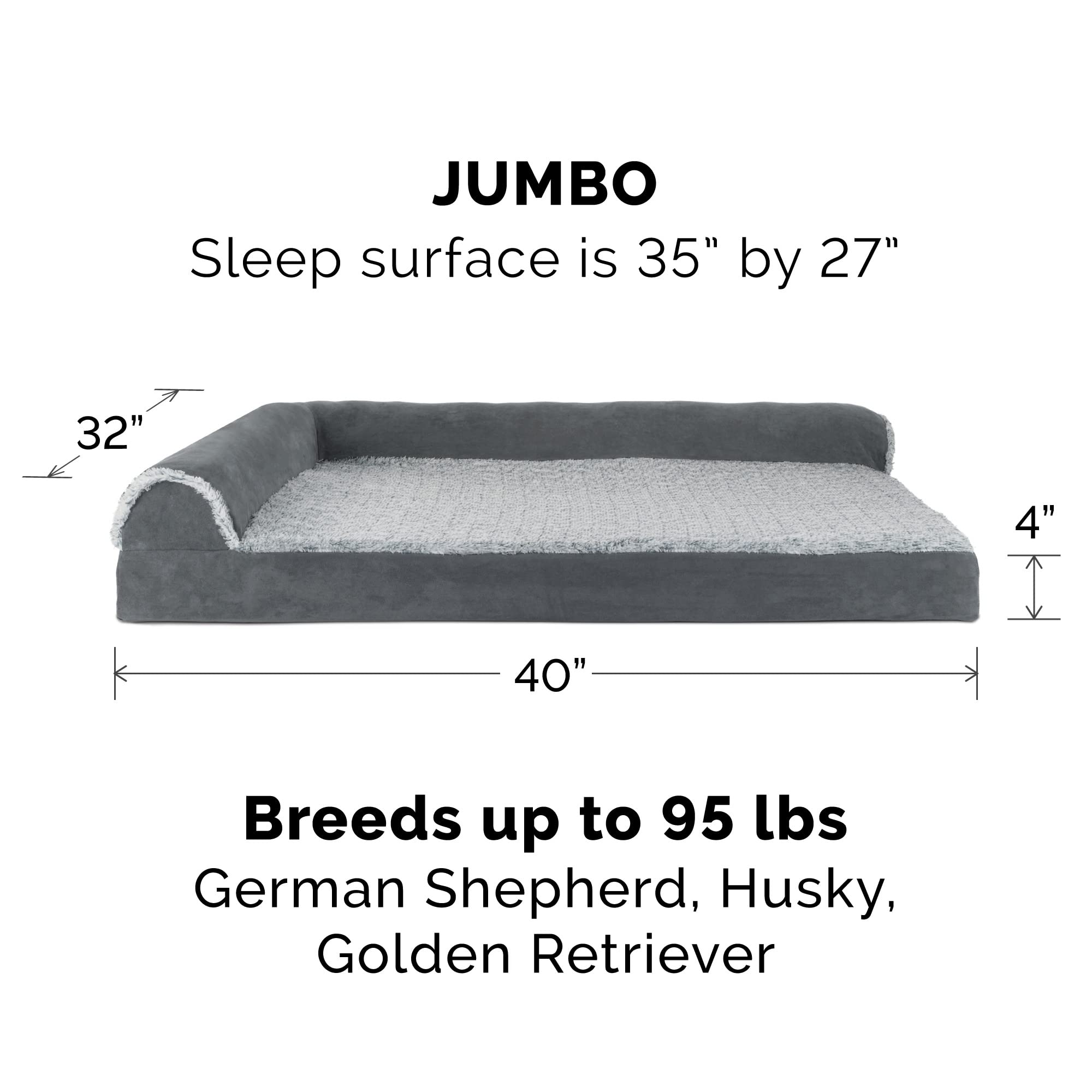 Furhaven Memory Foam Dog Bed For Large Dogs W/ Removable Bolsters & Washable Cover, For Dogs Up To 95 Lbs - Two-Tone Plush Faux Fur & Suede L Shaped Chaise - Stone Gray, Jumbo/Xl