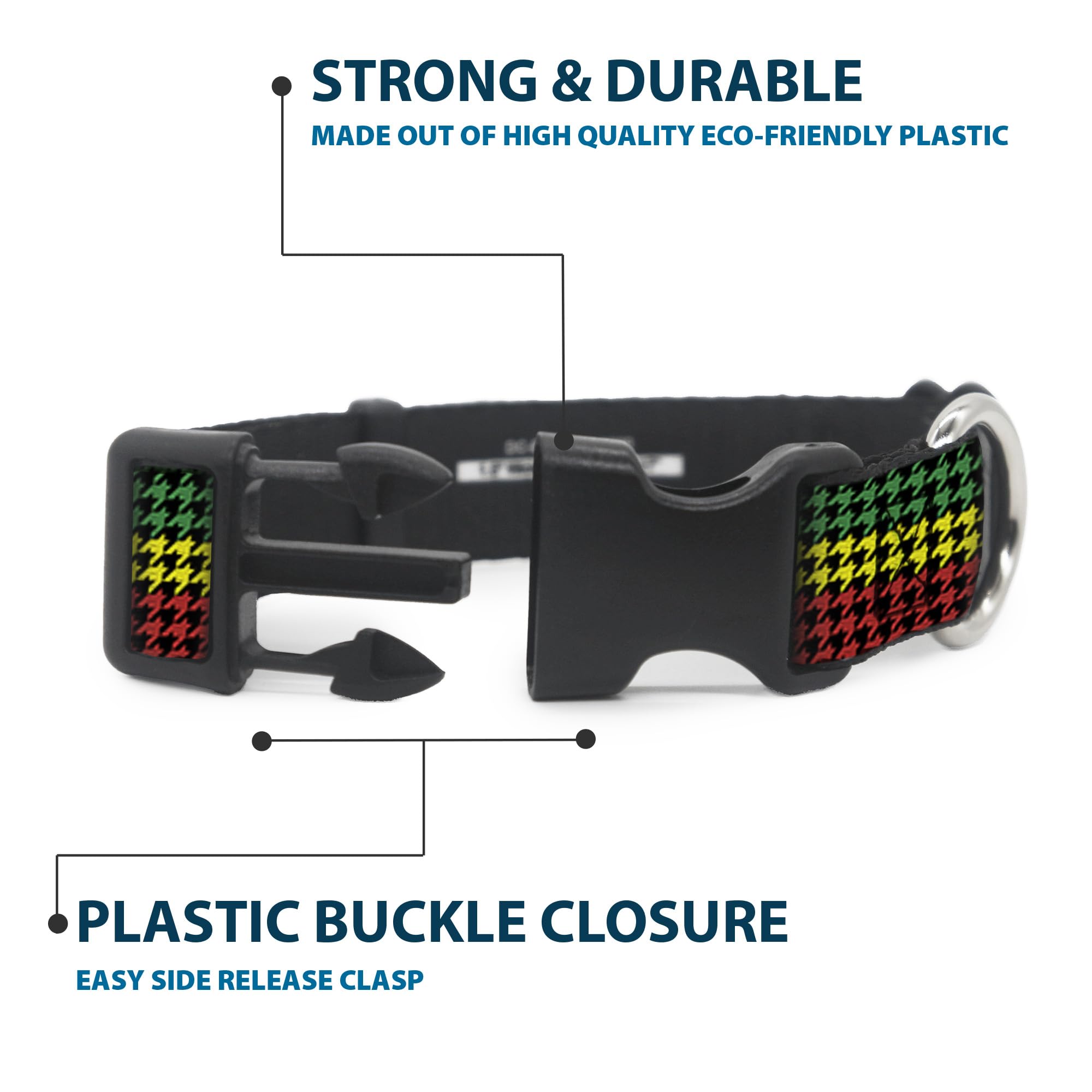 Buckle-Down Plastic Clip Collar - Houndstooth Black/Rasta - 1' Wide - Fits 11-17' Neck - Medium