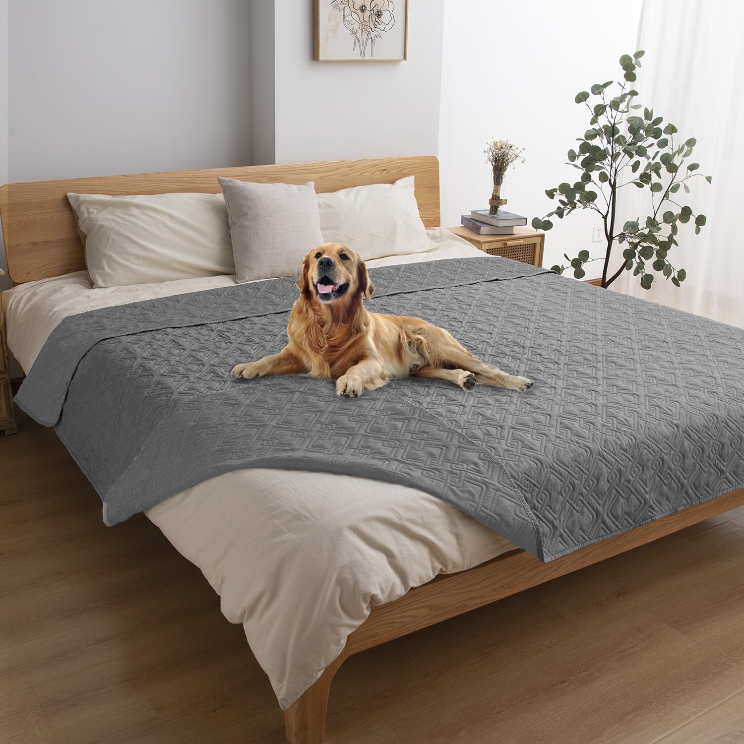 Fuguitex Waterproof Dog Bed Cover Dog Blanket For Pet Furniture Bed Couch Sofa Reversible Linen Texture(82''*82'',Light Grey+ Li