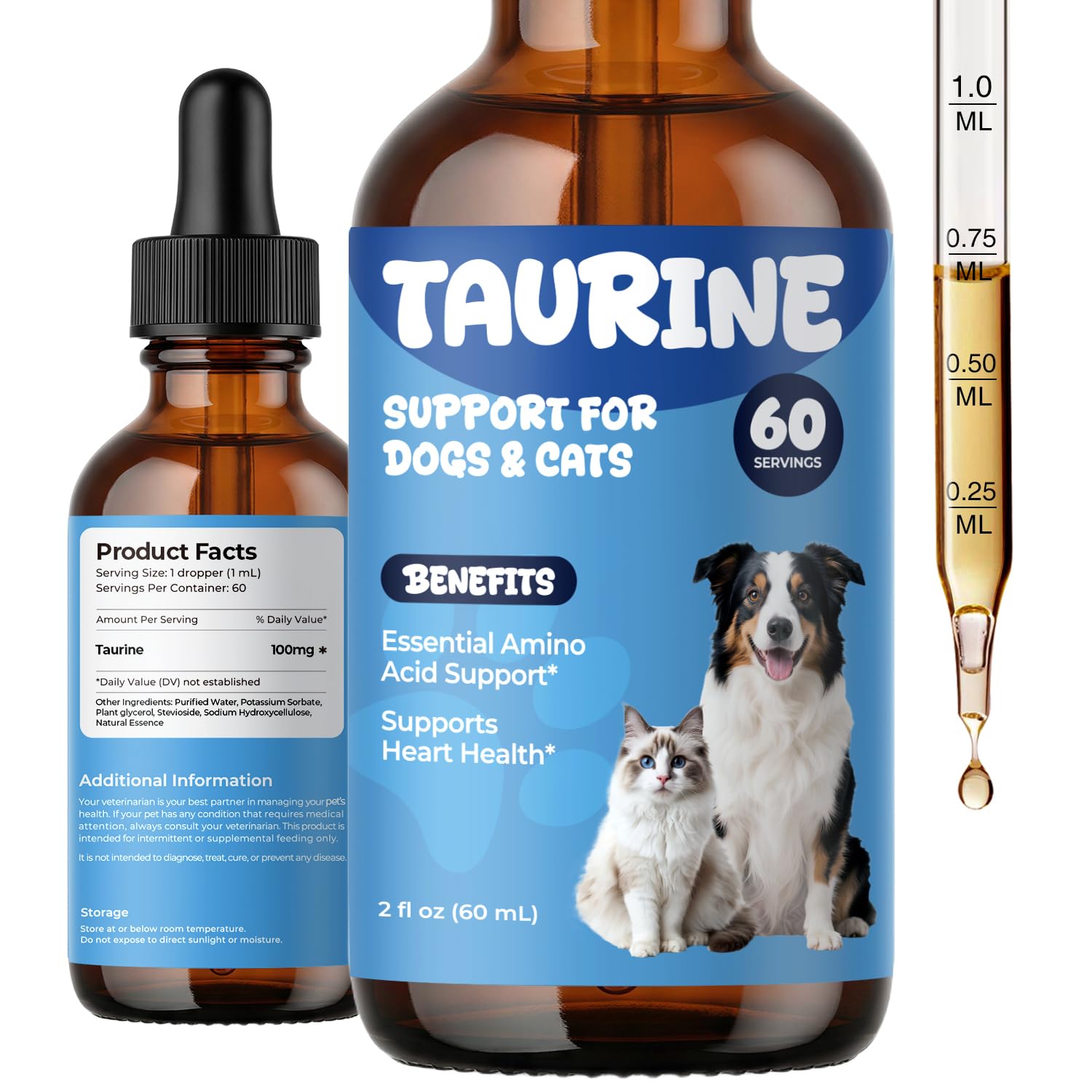Taurine Supplement for Dogs & Cats Drops - Daily Amino Acid Liquid Drops for Heart Function, Vision Support & Balanced Pet Nutri