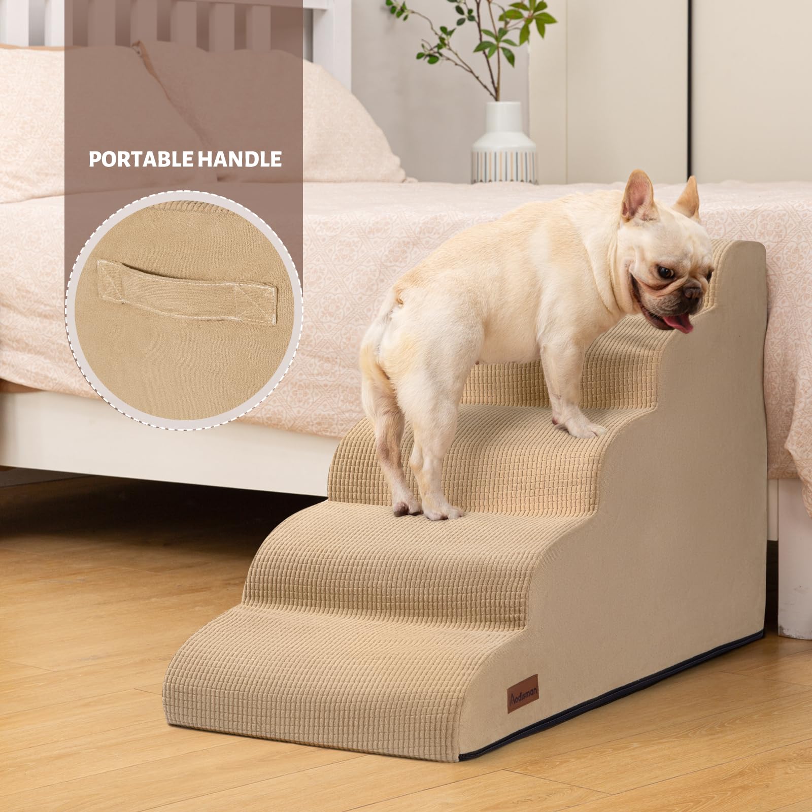 Aodisman 5-Step Dog Stairs and Ramp for High Bed, Non-Slip Sturdy Pet Steps for Small Dogs and Cats,22.2 H,Khaki