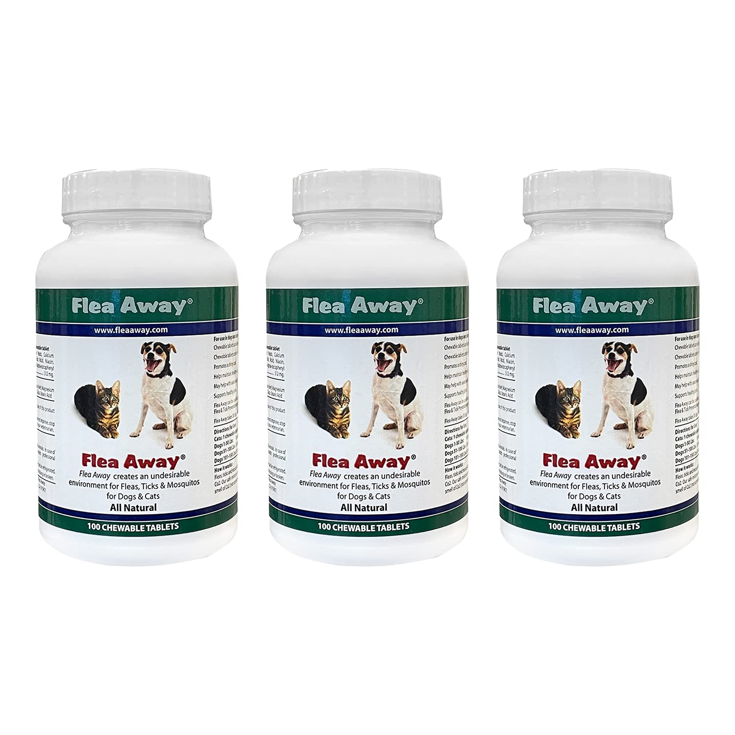Flea Away All Natural Supplement for Fleas, Ticks, and Mosquitos Prevention for Dogs and Cats, 100 Chewable Tablets, 3 Pack
