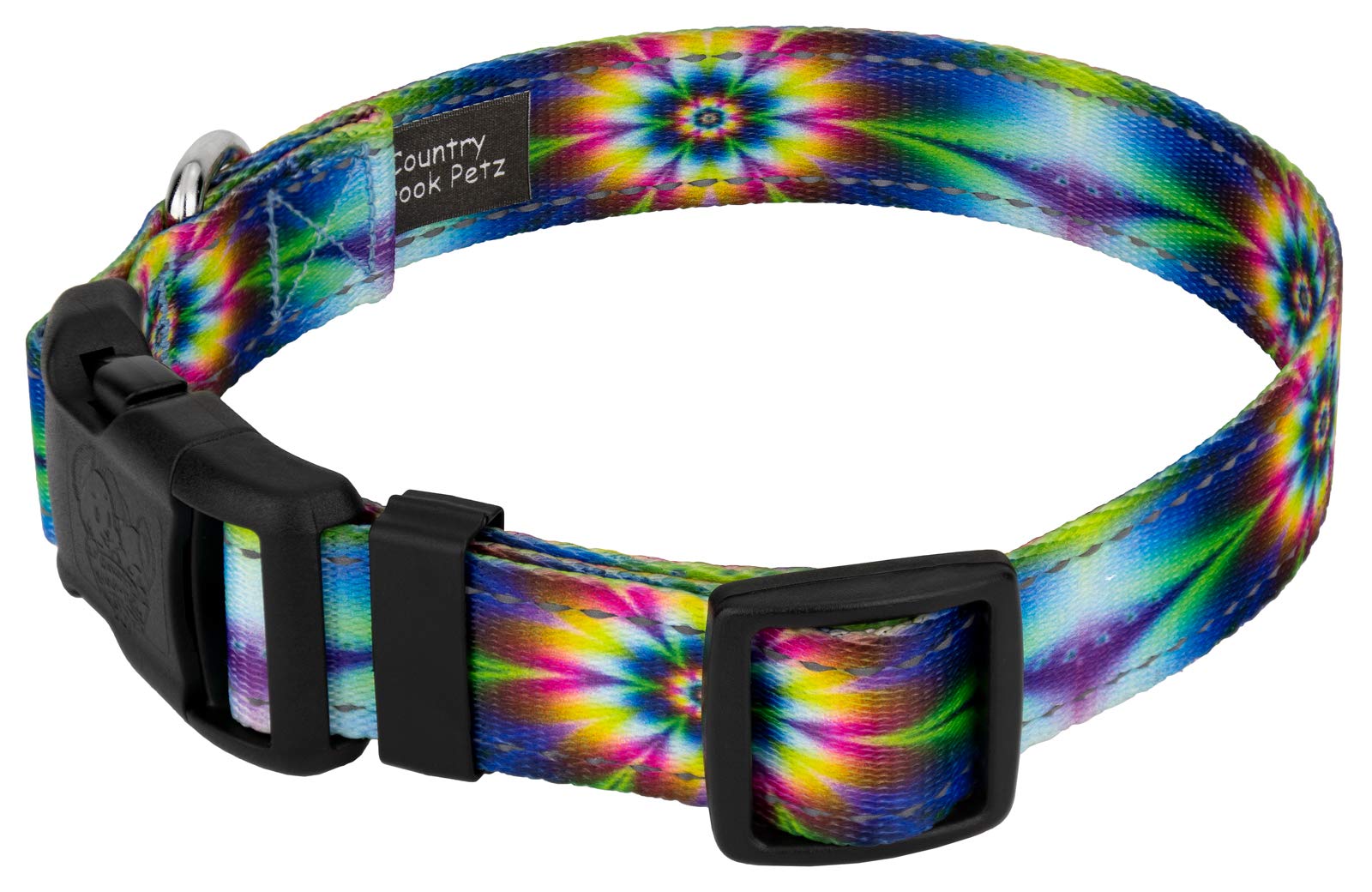 Country Brook Petz - Deluxe Tie Dye Flowers Reflective Dog Collar Collection Featured Night Safe Designs (1 Inch, Large)