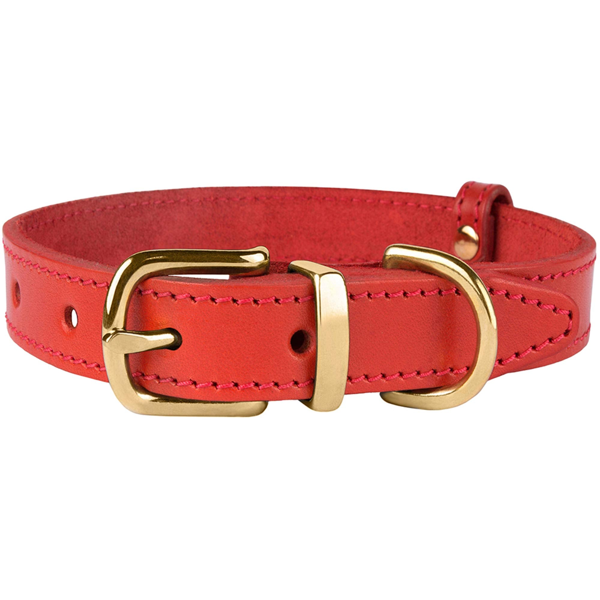 Bronzedog Leather Dog Collar With Metal Buckle Durable Basic Pet Collars For Small Medium Large Dogs (19-21 Inch (Pack Of 1), Red & Gold Buckle)
