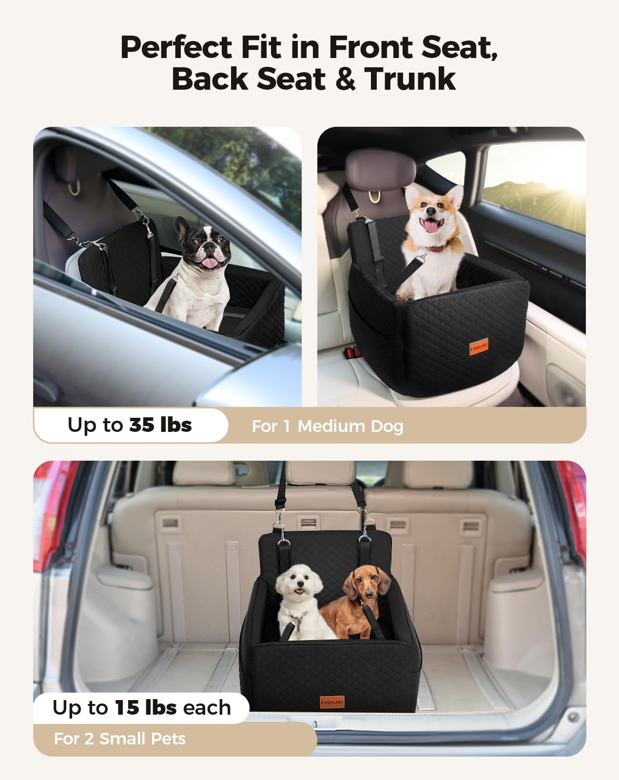 Petcozife Dog Car Seat for Small & Medium Dogs, Washable, 20.86"L x 21.06"W x 17.71"H, Black, Includes Safety Belts &