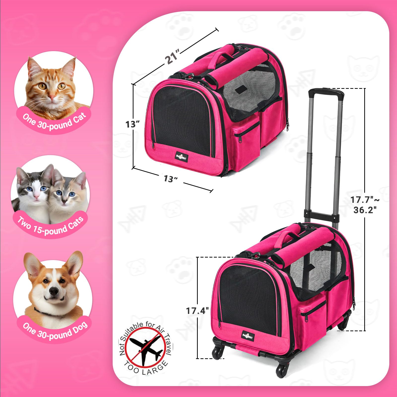 Paw Ballet Large Pet Carrier with Wheels, Foldable Rolling Dog Carrier with Big Pocket, Cat Rolling Bag 21x13x13for 2 Cats &Dogs