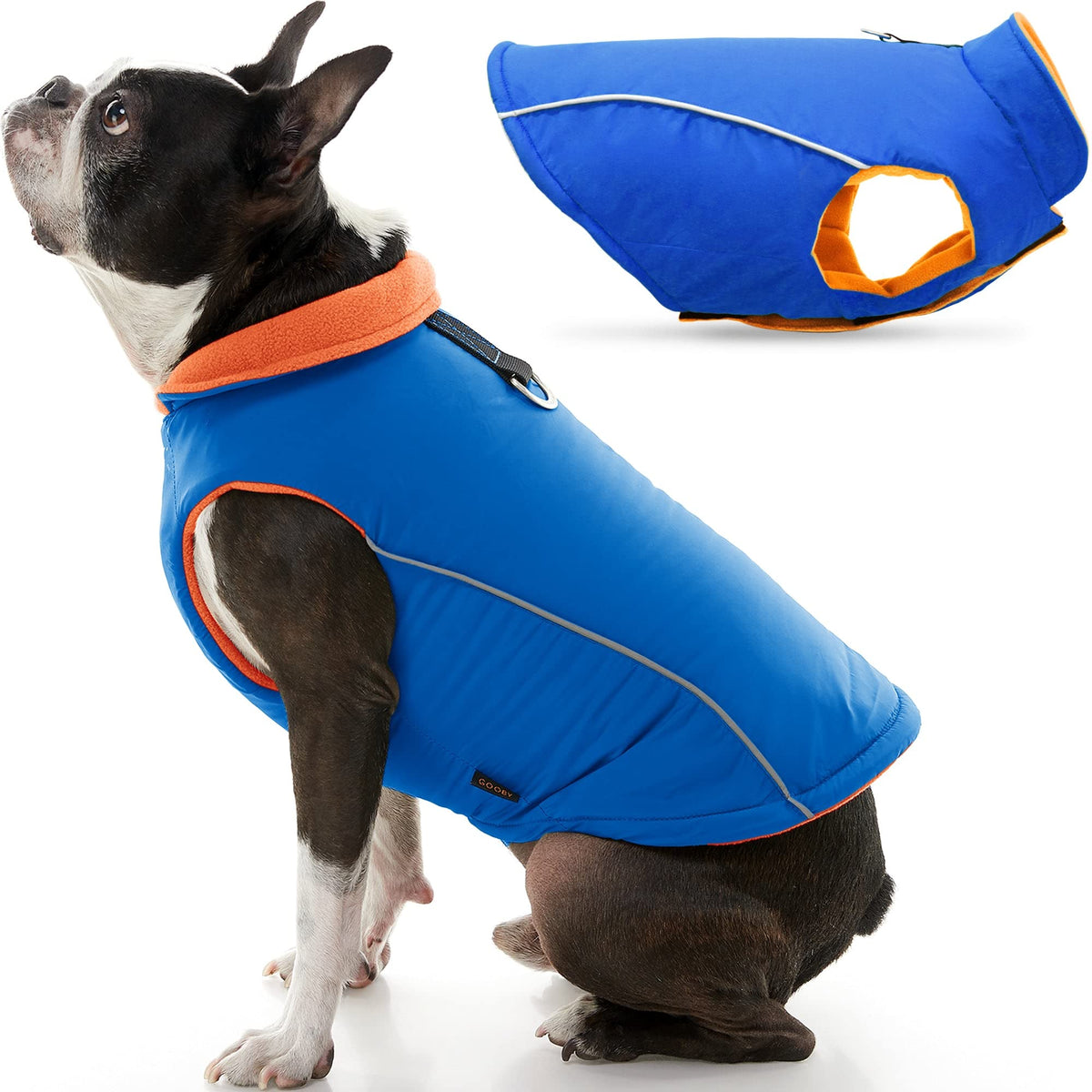 Gooby Sports Vest Dog Jacket - Blue, Medium - Reflective Dog Vest With D Ring Leash - Warm Fleece Lined Small Dog Sweater, Hook And Loop Closure - Dog Clothes For Small Dogs Boy Or Girl Dog Sweater