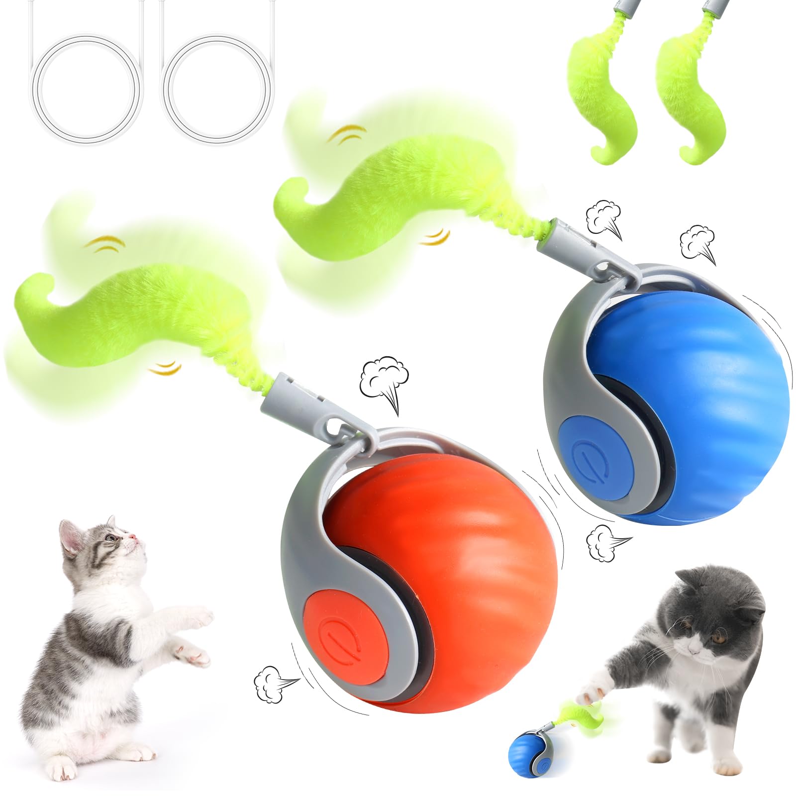 2Pcs Speedy Tail 3.0 Cat Toy, Interactive Cat Toys For Bored Indoor Automatic Turbo Toys Rolling Ball 2.0, Smart Electric Self M