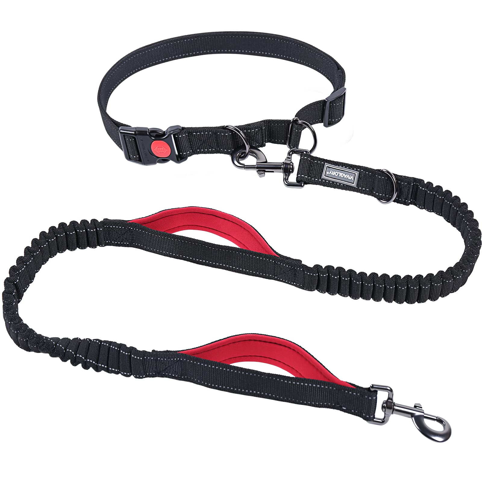 Vivaglory Hands Free Dog Running Leash With Dual Advanced Anti-Shock Bungees And Padded Handles, Reflective Waist Jogging Leash With Adjustable Belt For Training For Medium Large Dogs, Black/Red