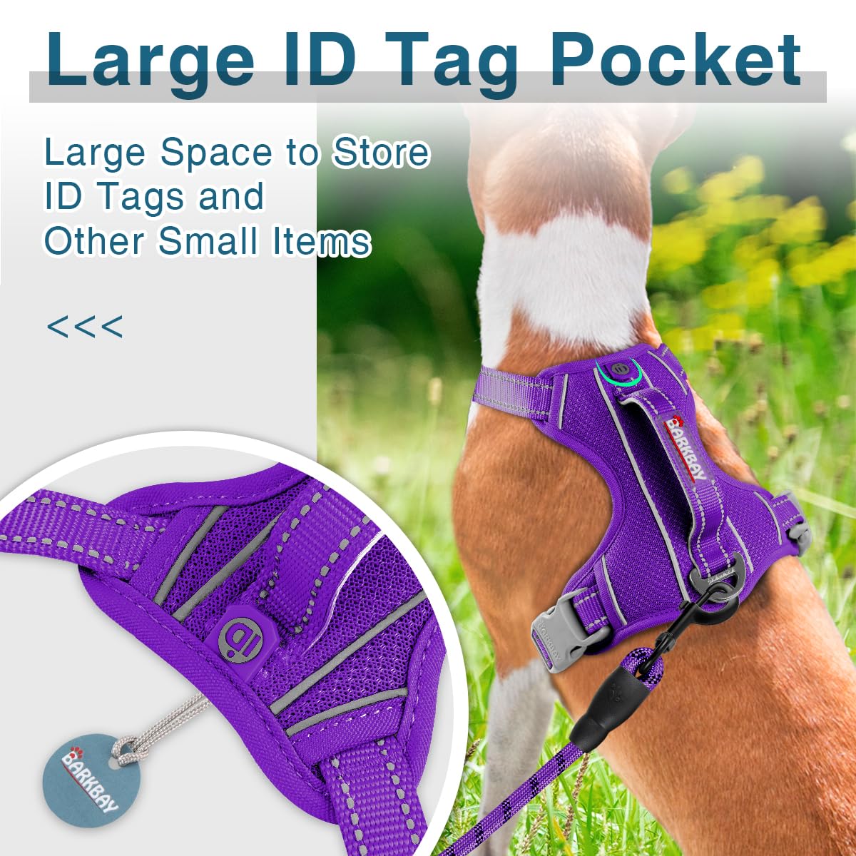 Barkbay Dog Harness No Pull With Id Tag Pocket - Heavy Duty, Reflective, Easy Control For Large Dogs (Purple,S)
