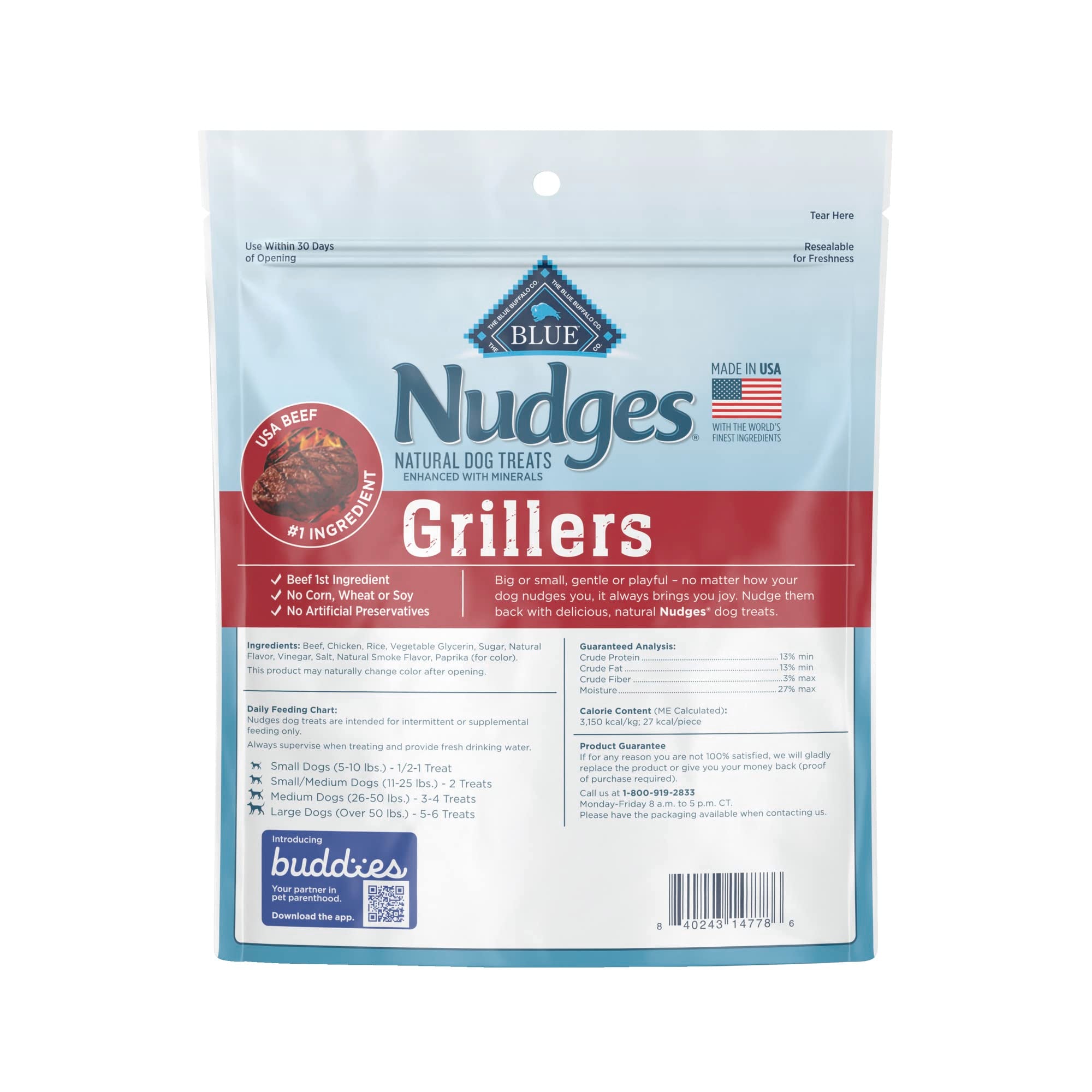 Blue Buffalo Nudges Grillers Natural Dog Treats, Made in the USA with Real Steak, 16-oz. Bag