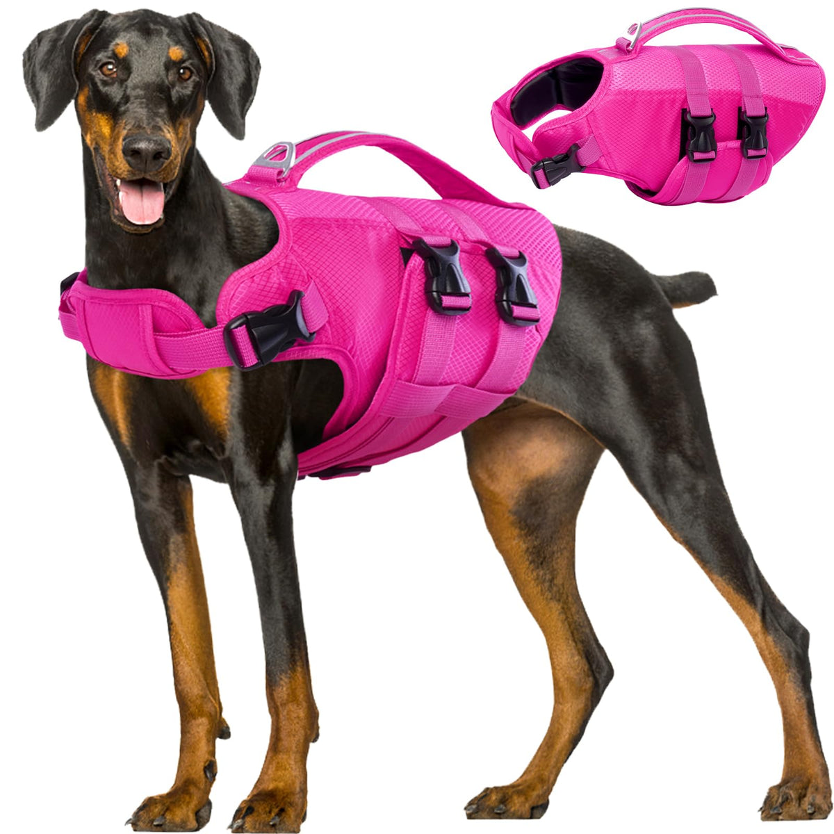 Kuoser Dog Life Jacket, High Flotation Dog Life Vest For Swimming Boating, Reflective Dog Swimming Vest Pet Life Preserver With Rescue Handle, Rose