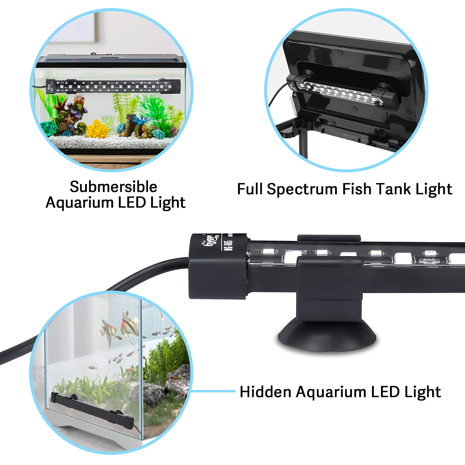 Hygger 24/7 Mode Submersible Aquarium Led Light, Full Spectrum Hidden Fish Tank Light With 3 Rows Beads 7 Colors Auto On Off Sun
