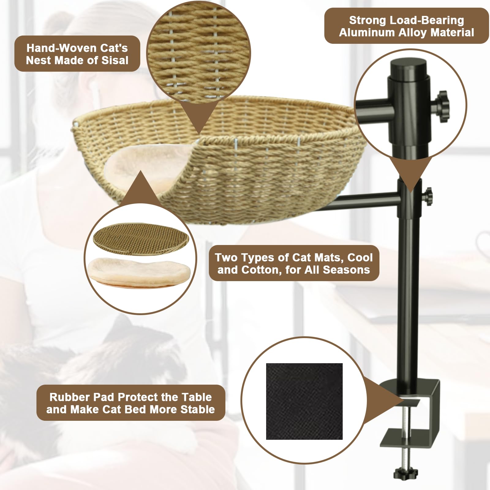 Theyfirst Handmade Cat Desk Bed For Indoor Cats, 360 Rotation Cat Bed Desk With Adjustable Mount, Pet Table Bed For Small Spaces