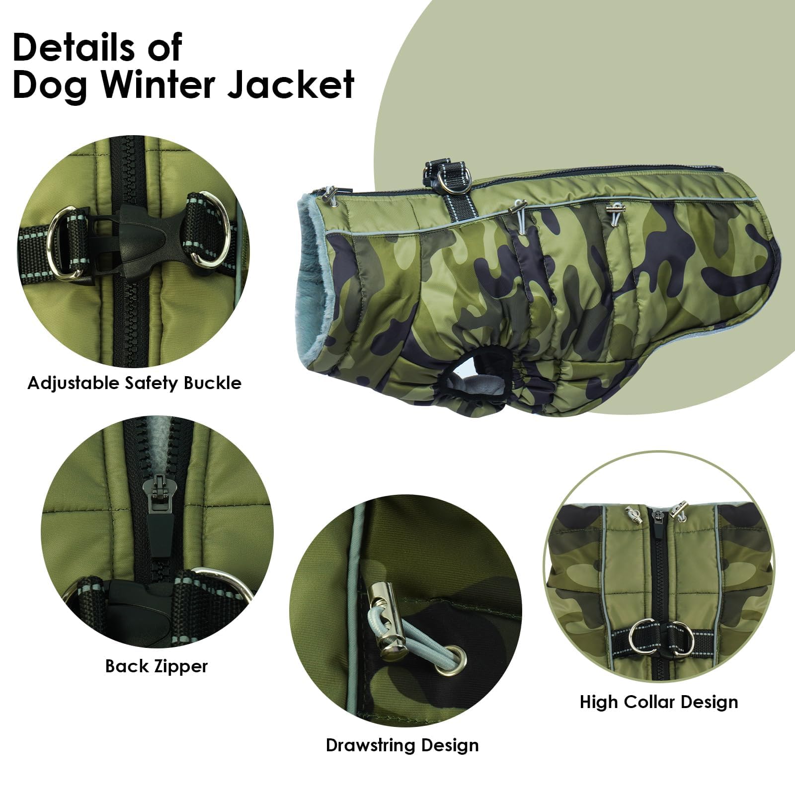IKIPUKO Dog Coat - Warm Zip Up Snowsuit for Large Dogs, Reflective, Water-Resistant, Camouflage
