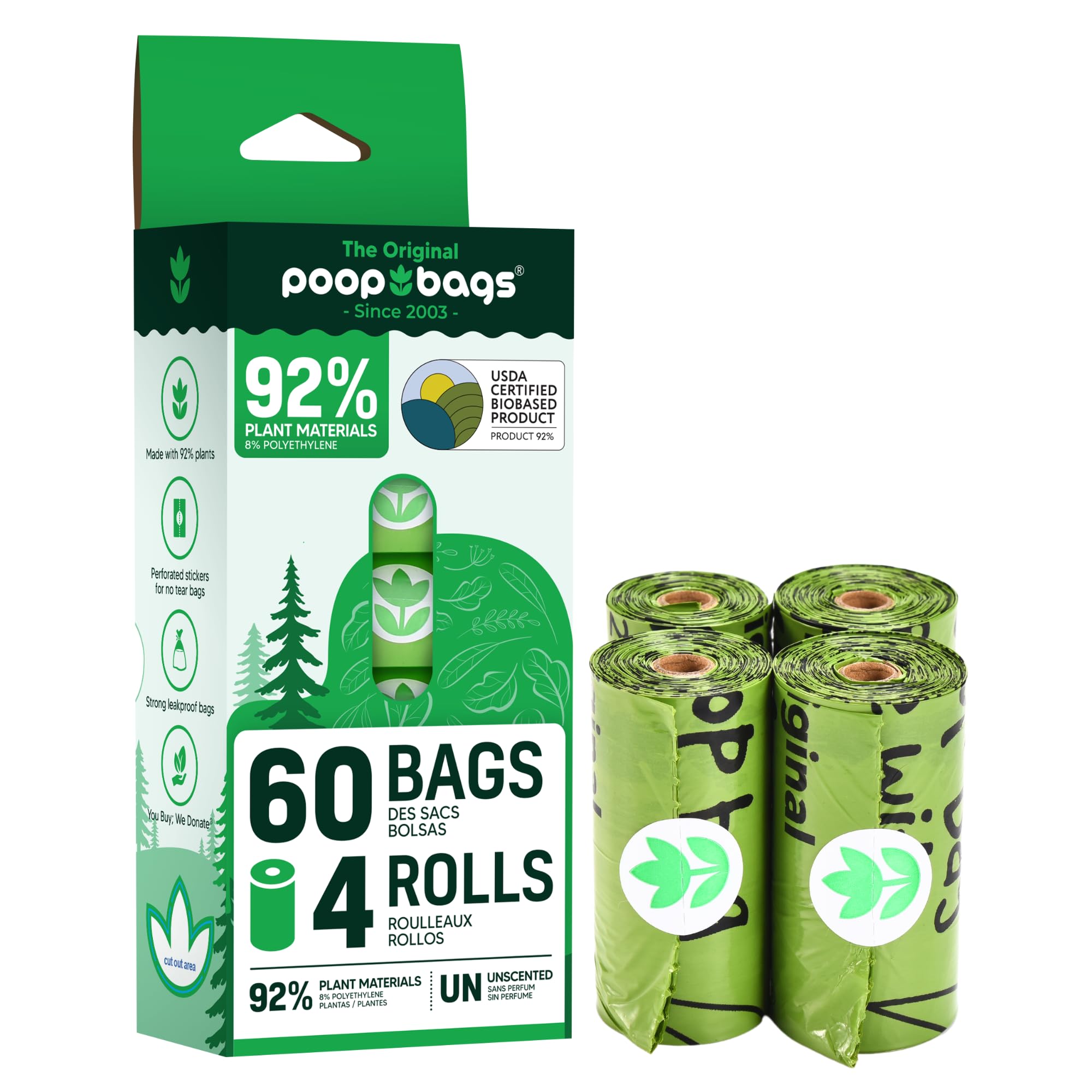 The Original Poop Bags - 92% Plant-Based Dog Waste Bags, Extra-Thick & Leakproof, Usda Certified Biobased, Unscented, 60 Bags (4