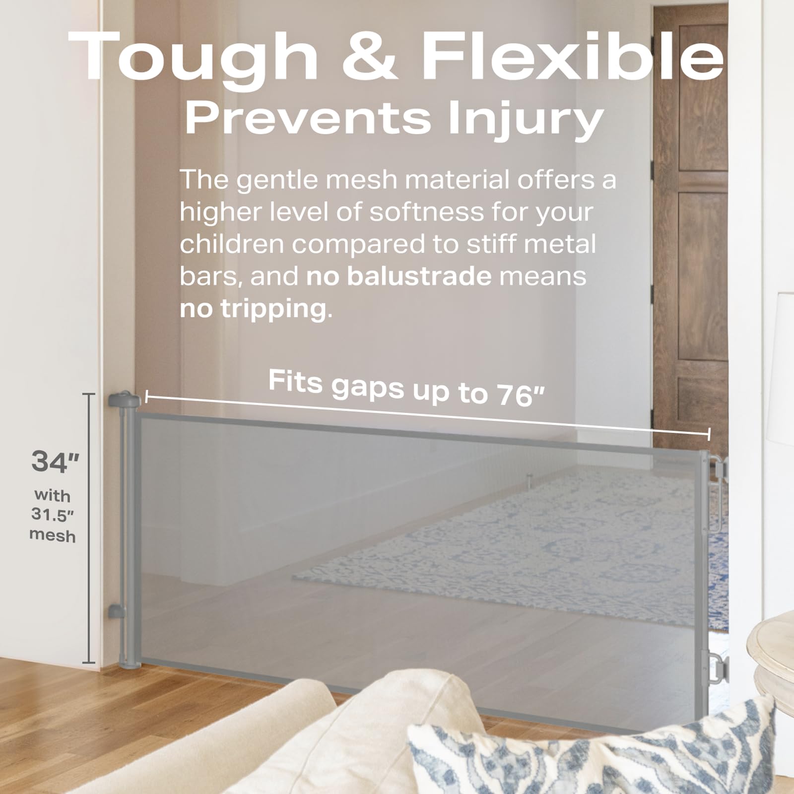 Cumbor 76' Wide Retractable Mesh Baby Gates For Stairs, Long Baby Gate For Doorways, 34' Tall Extra Wide Toddler Gate For Dogs, Child Safety Gates For Room, Hallways, Doggy Gate Indoor/Outdoor(Gray)